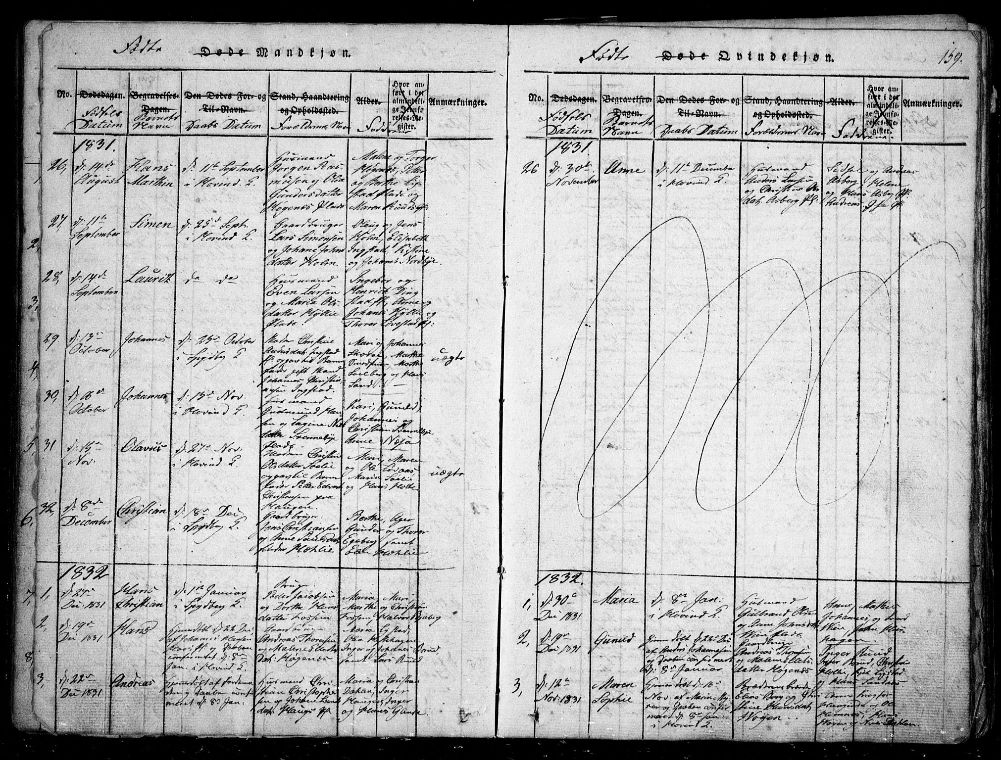 Spydeberg prestekontor Kirkebøker, SAO/A-10924/G/Ga/L0001: Klokkerbok nr. I 1, 1814-1868, s. 159