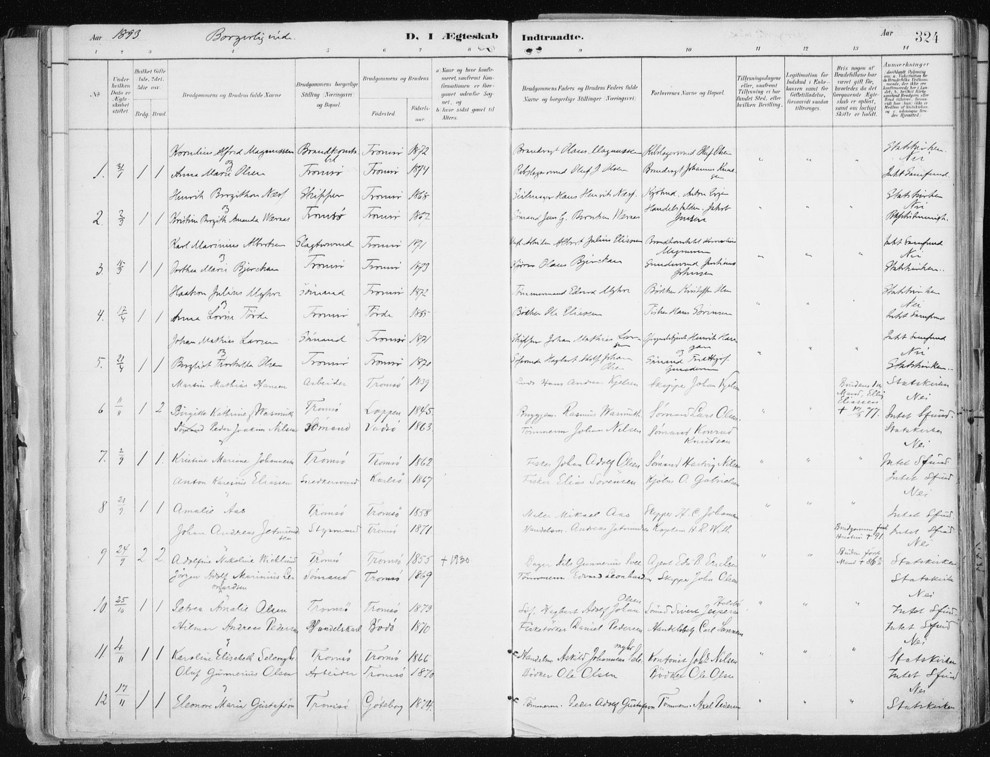 Tromsø sokneprestkontor/stiftsprosti/domprosti, AV/SATØ-S-1343/G/Ga/L0015kirke: Ministerialbok nr. 15, 1889-1899, s. 324