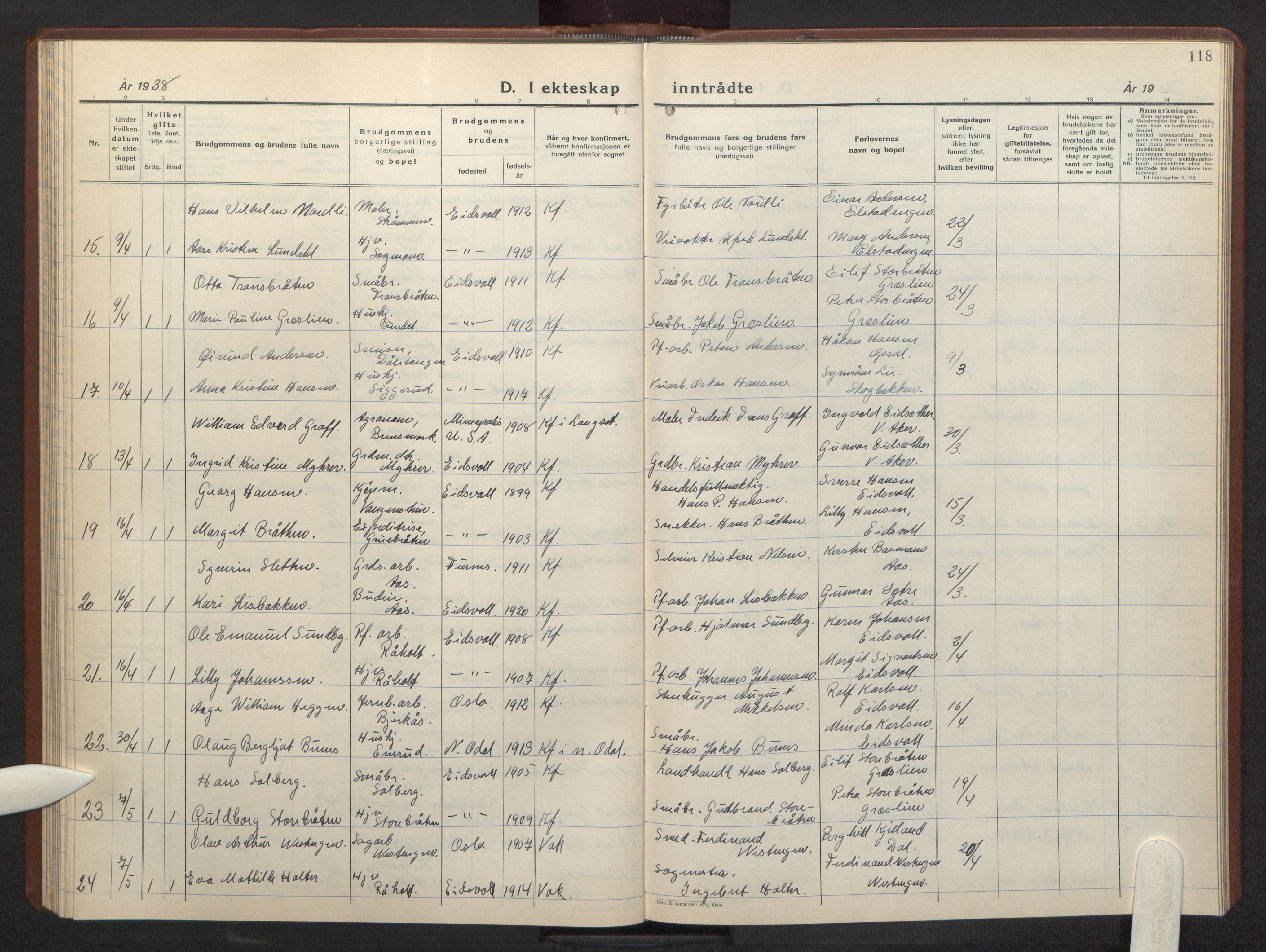 Eidsvoll prestekontor Kirkebøker, AV/SAO-A-10888/G/Ga/L0013: Klokkerbok nr. I 13, 1936-1953, s. 118