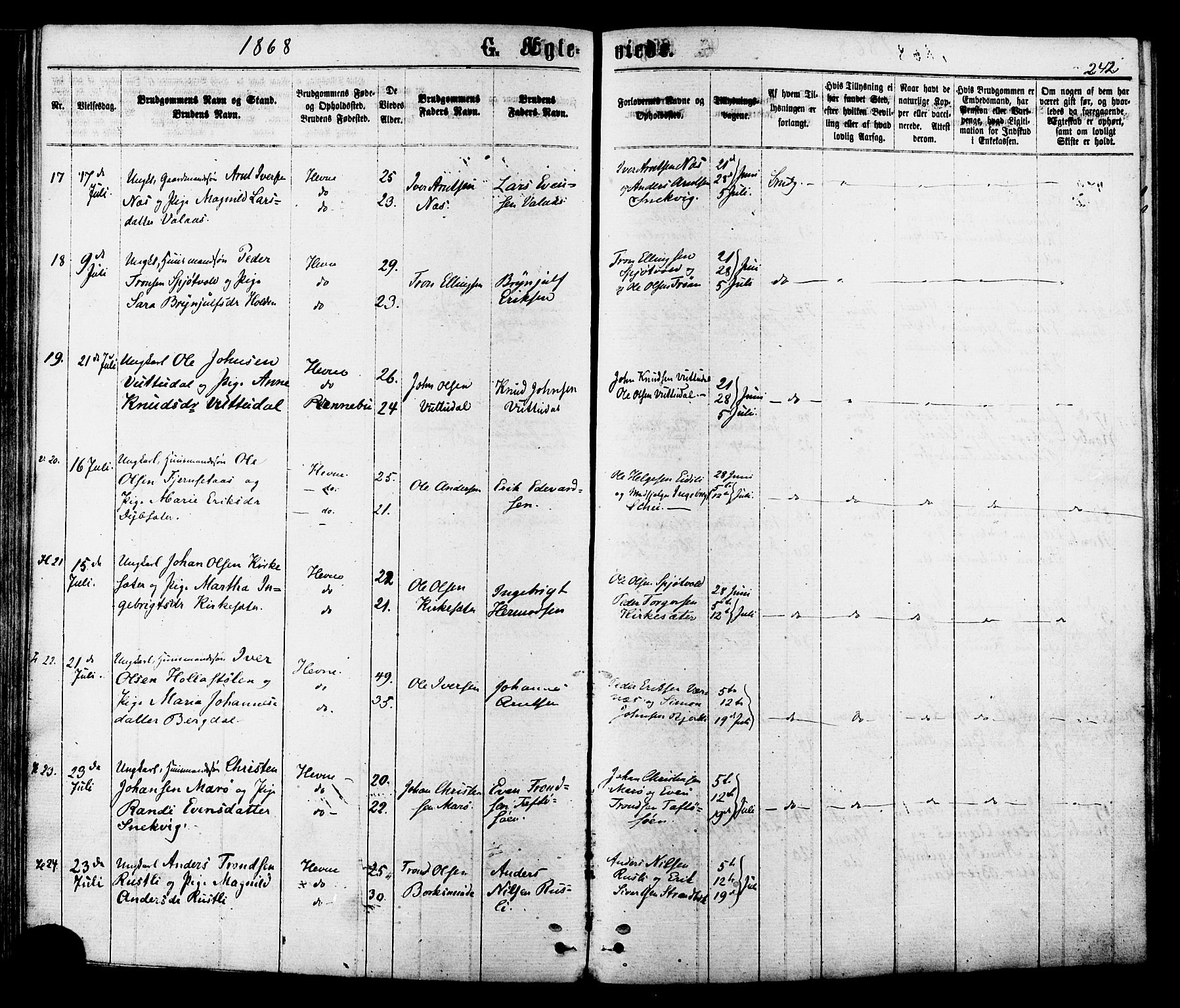 Ministerialprotokoller, klokkerbøker og fødselsregistre - Sør-Trøndelag, SAT/A-1456/630/L0495: Ministerialbok nr. 630A08, 1868-1878, s. 242