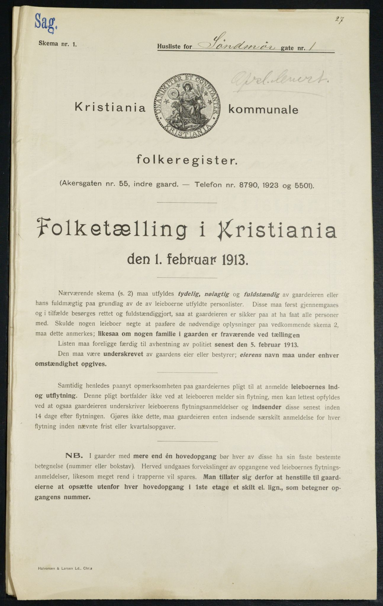 OBA, Kommunal folketelling 1.2.1913 for Kristiania, 1913, s. 104757