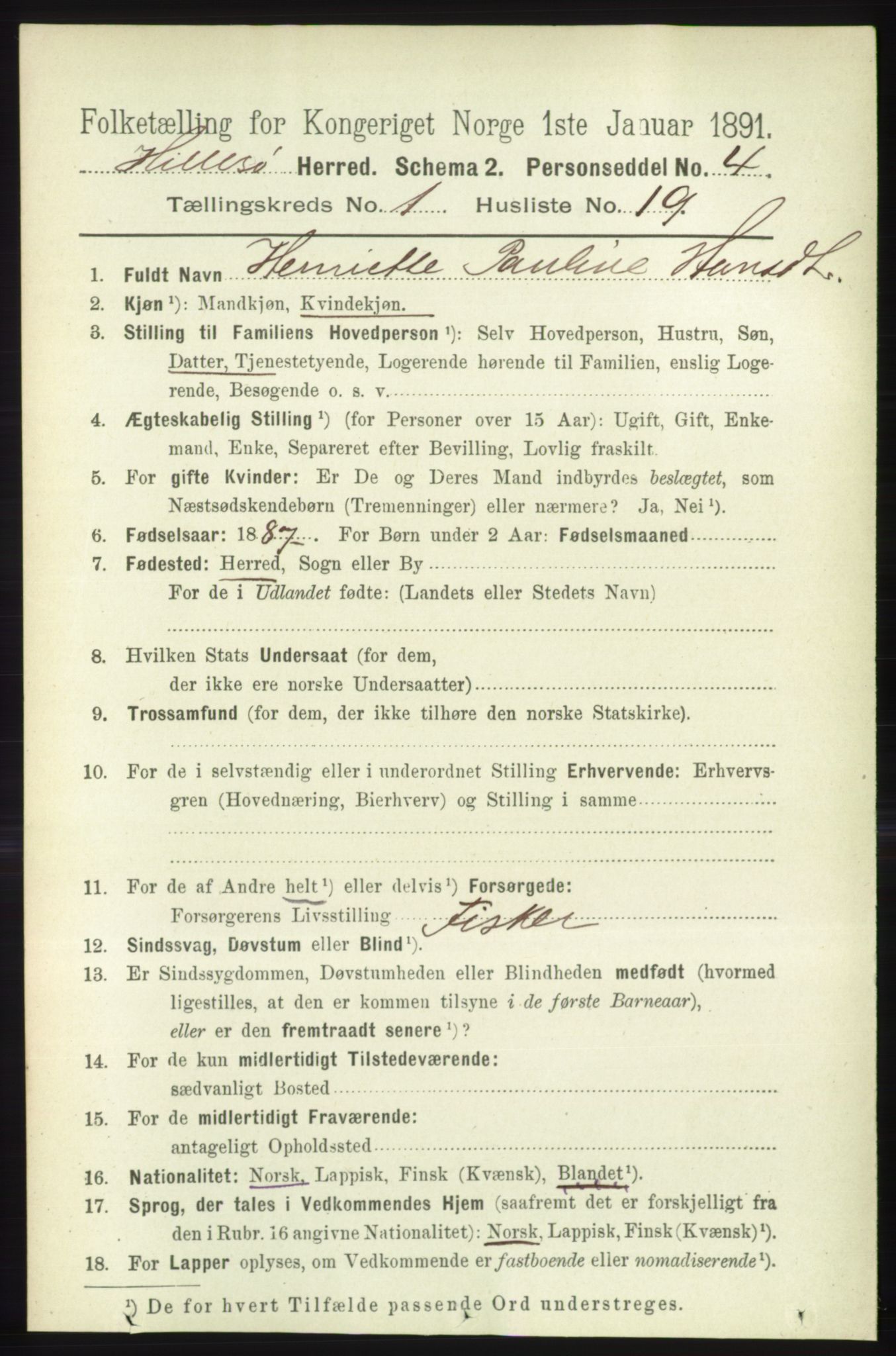 RA, Folketelling 1891 for 1930 Hillesøy herred, 1891, s. 205