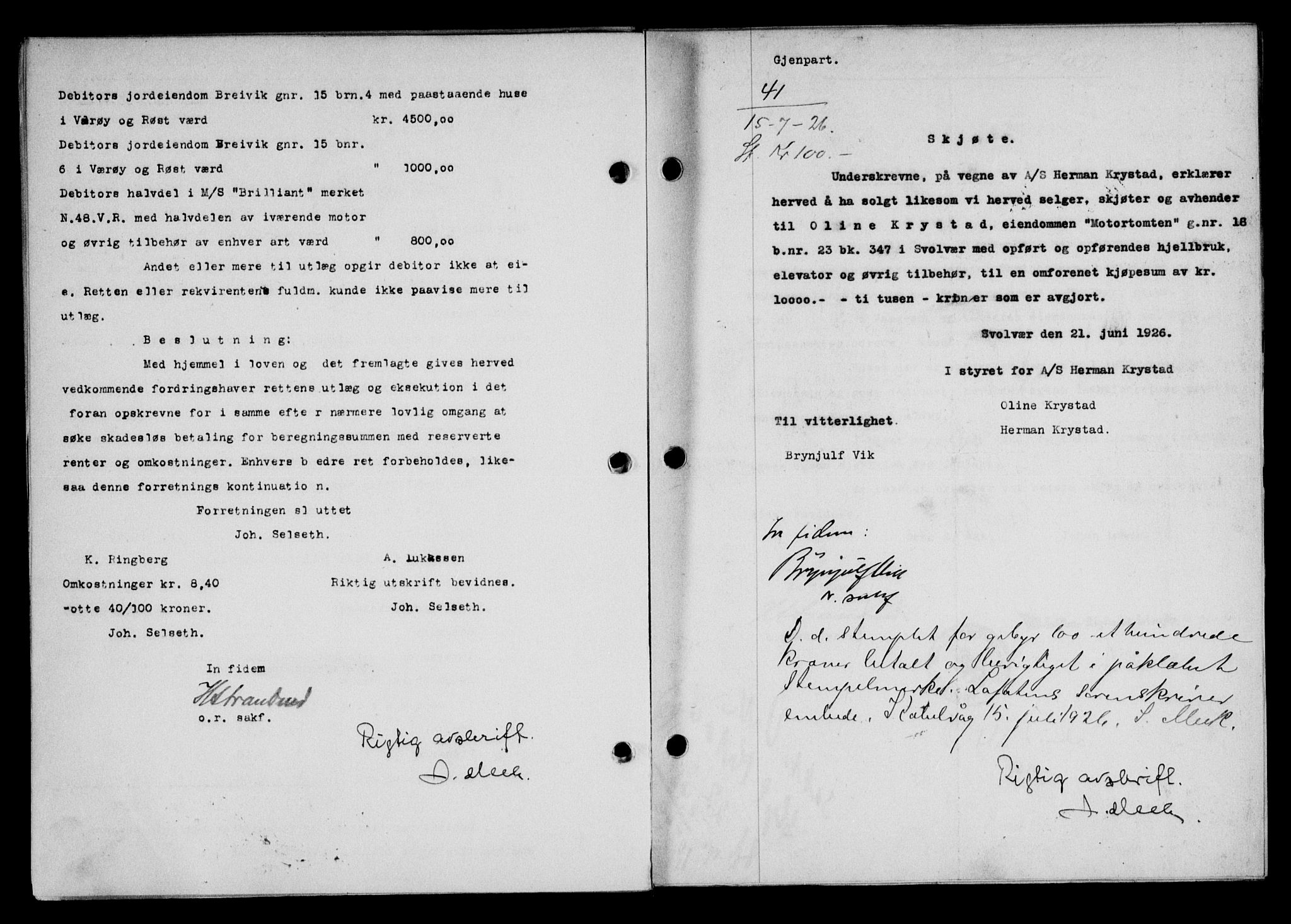 Lofoten sorenskriveri, SAT/A-0017/1/2/2C/L0014b: Pantebok nr. 14b, 1926-1926, Tingl.dato: 15.07.1926