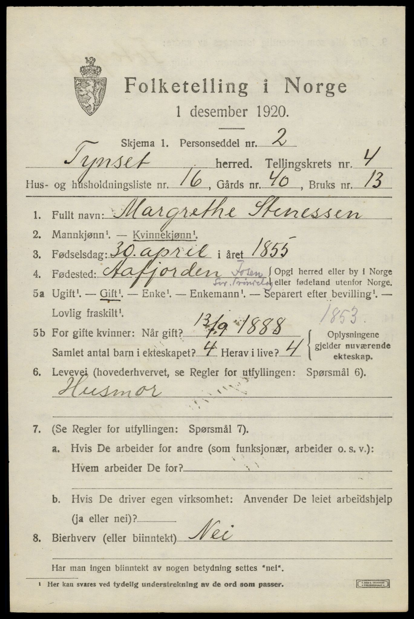 SAH, Folketelling 1920 for 0437 Tynset herred, 1920, s. 3398