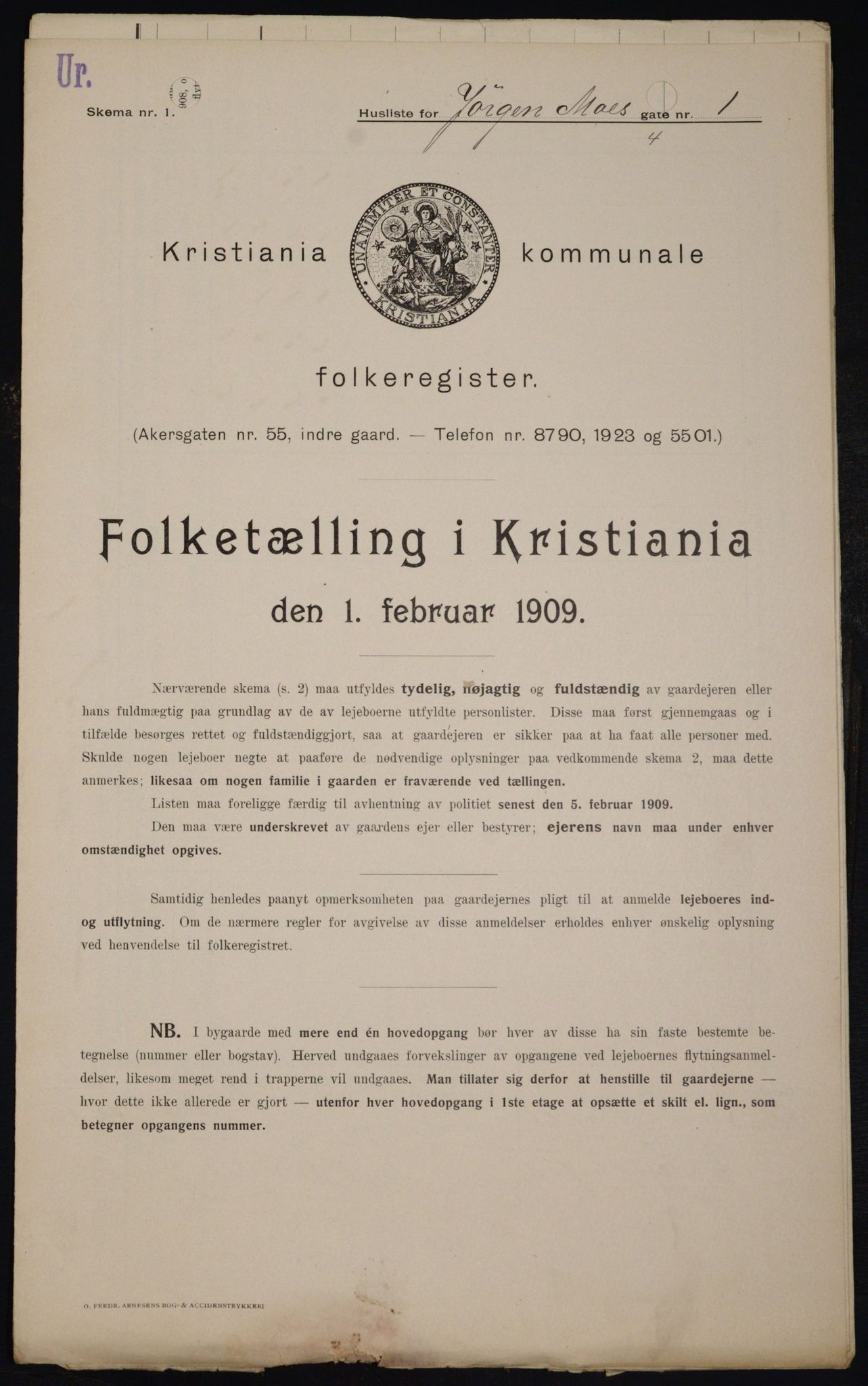 OBA, Kommunal folketelling 1.2.1909 for Kristiania kjøpstad, 1909, s. 43551