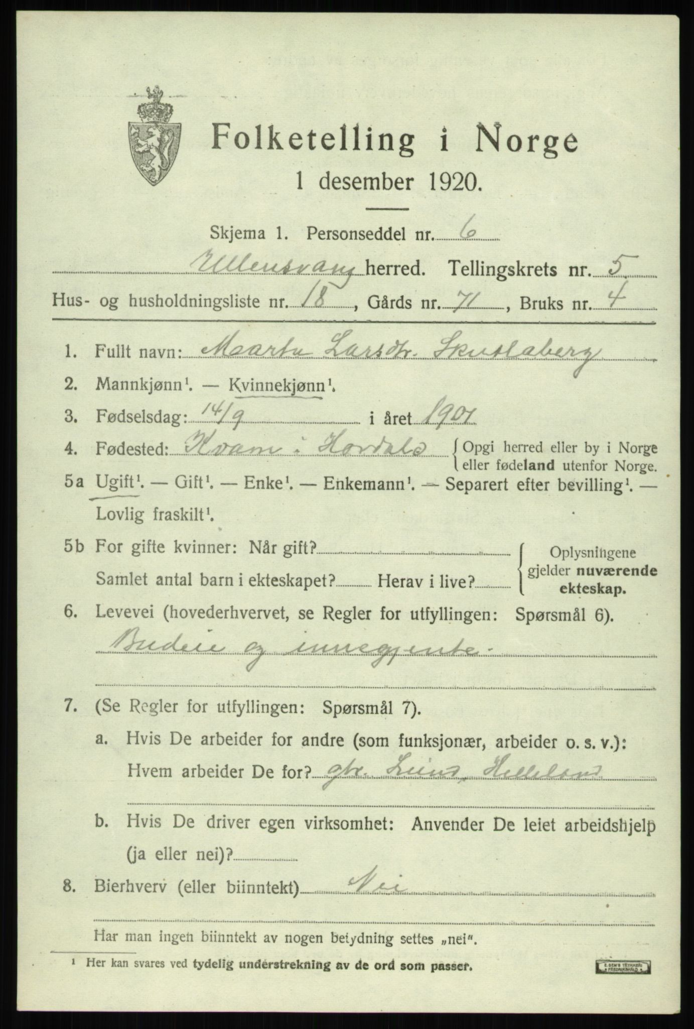SAB, Folketelling 1920 for 1230 Ullensvang herred, 1920, s. 2562