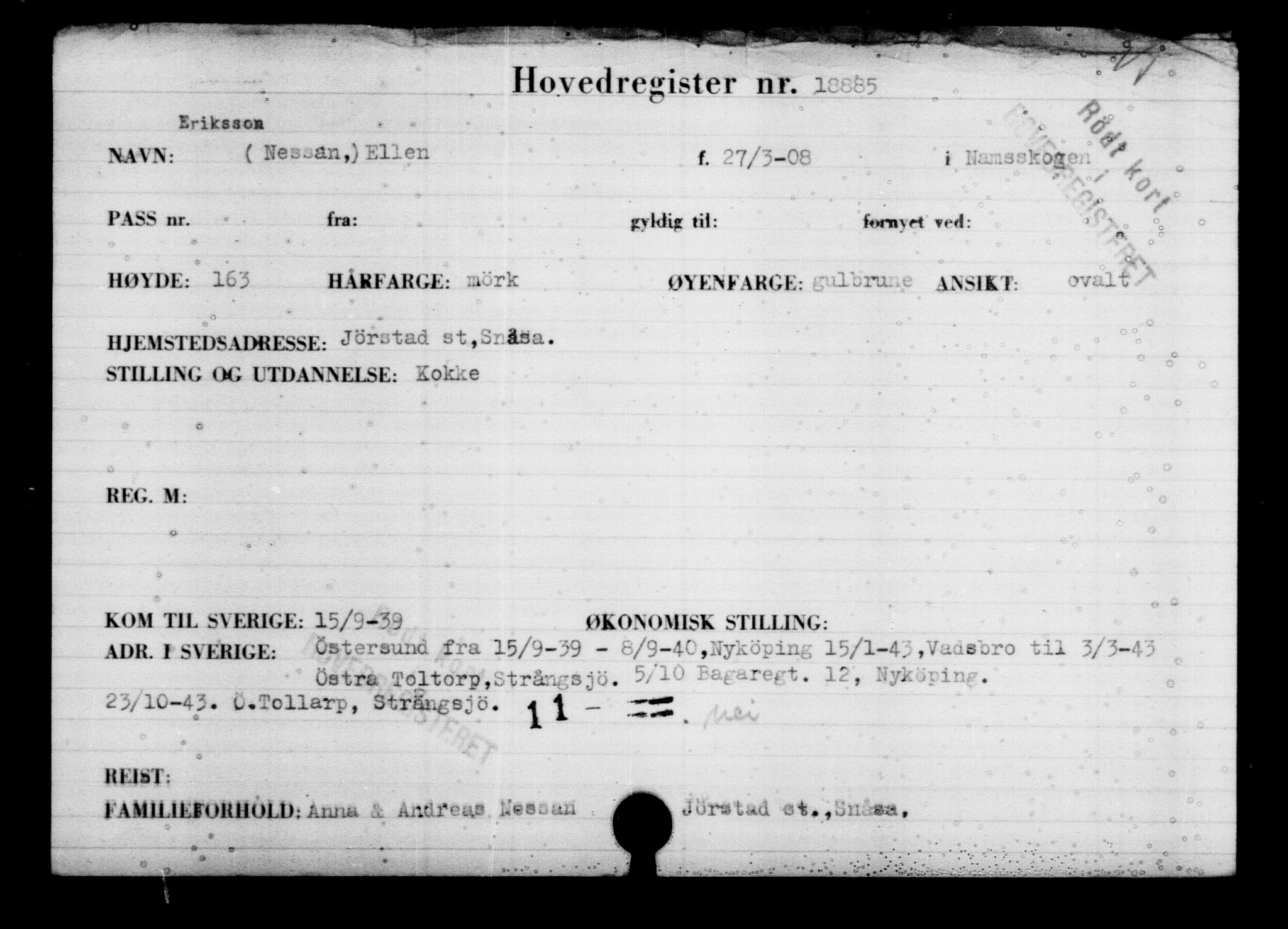 Utenriksstasjonene, Legasjonen i Stockholm, Flyktningkontoret, AV/RA-S-6753/V/Va/L0009: Kjesäterkartoteket, flyktninger med registreringsnr. 18502-22048, 1940-1945, s. 454
