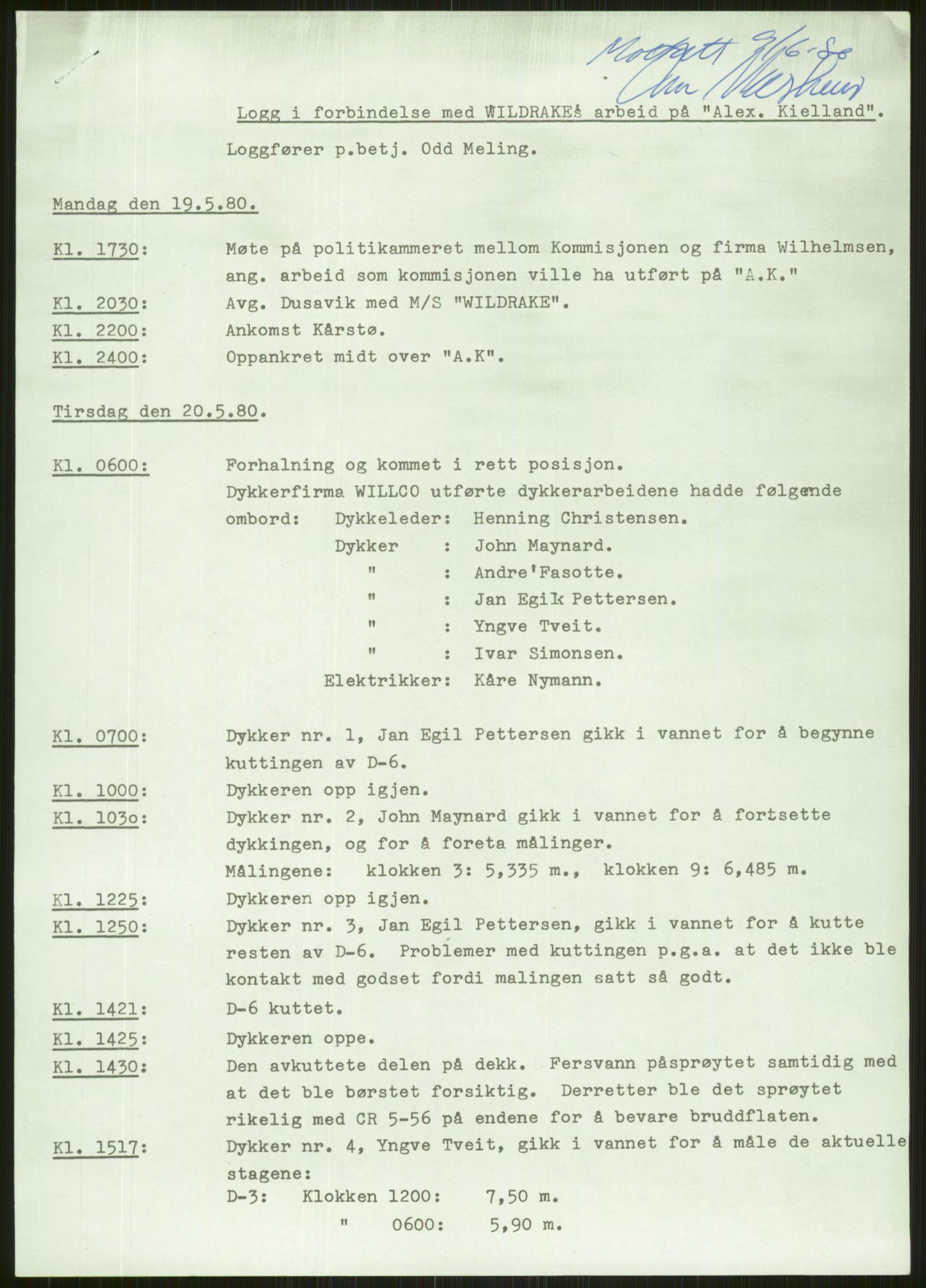 Justisdepartementet, Granskningskommisjonen ved Alexander Kielland-ulykken 27.3.1980, AV/RA-S-1165/D/L0006: A Alexander L. Kielland (Doku.liste + A3-A6, A11-A13, A18-A20-A21, A23, A31 av 31)/Dykkerjournaler, 1980-1981, s. 544