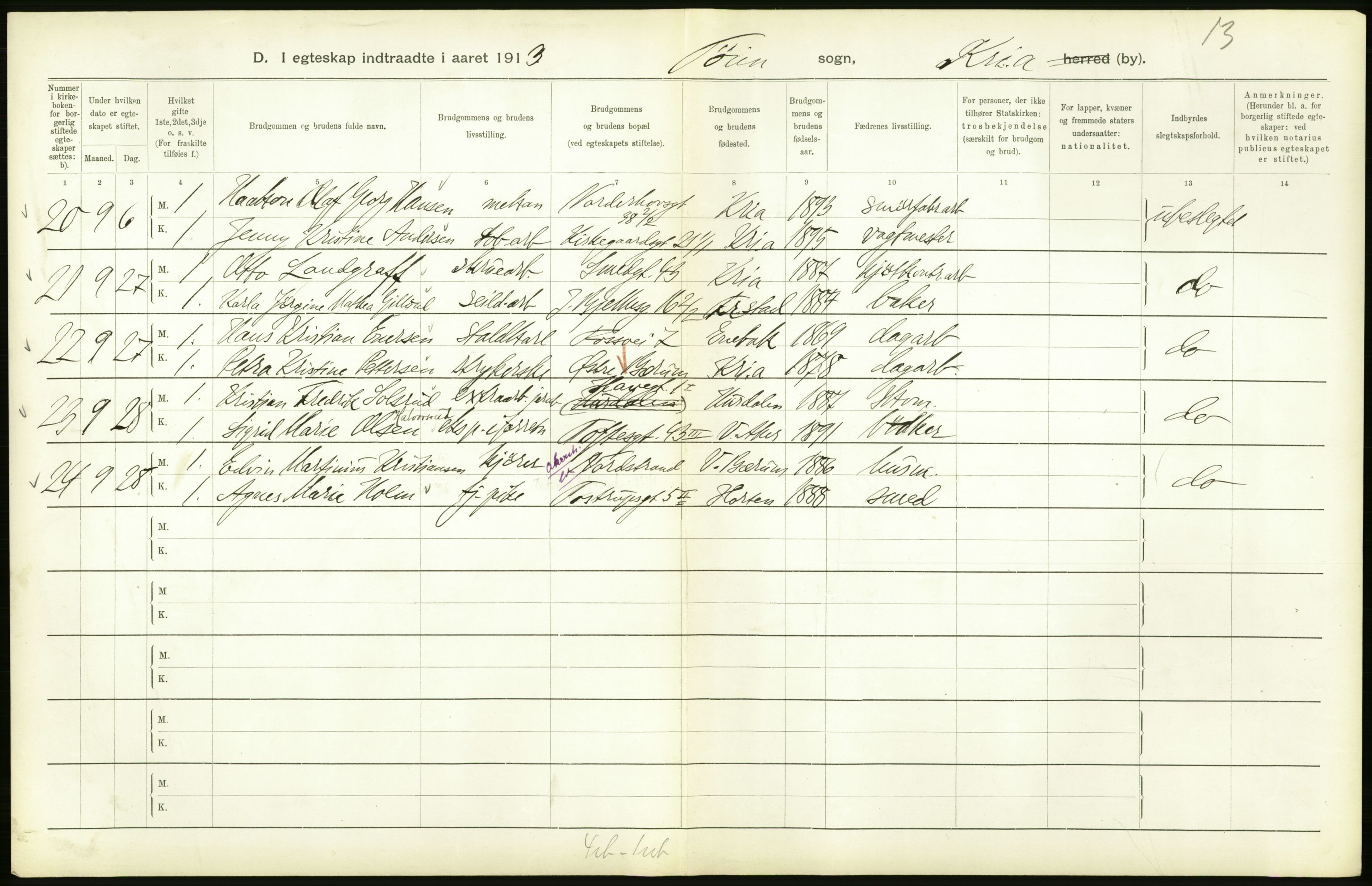 Statistisk sentralbyrå, Sosiodemografiske emner, Befolkning, RA/S-2228/D/Df/Dfb/Dfbc/L0008: Kristiania: Gifte., 1913, s. 142