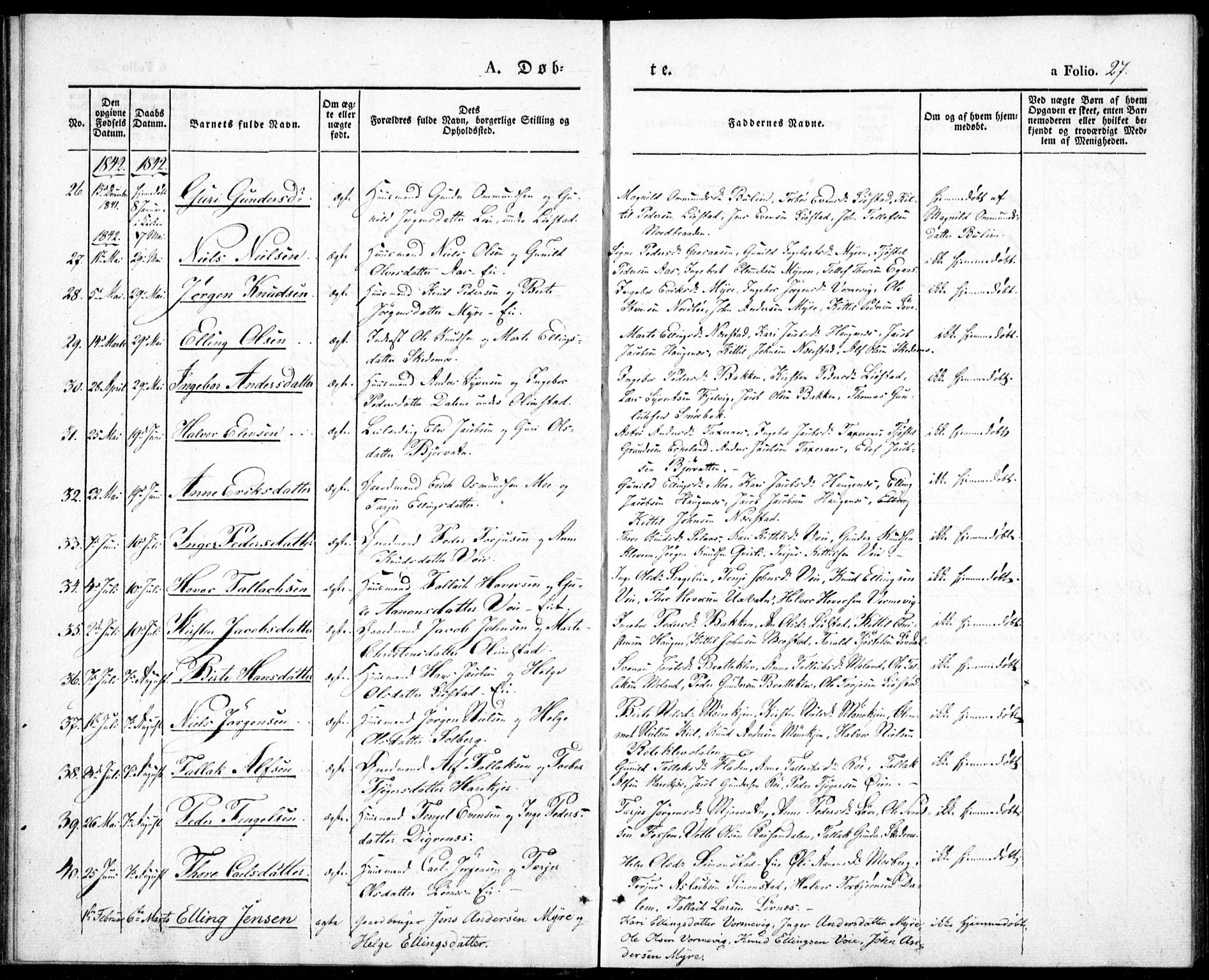 Gjerstad sokneprestkontor, AV/SAK-1111-0014/F/Fa/Fab/L0002: Ministerialbok nr. A 2, 1835-1852, s. 27