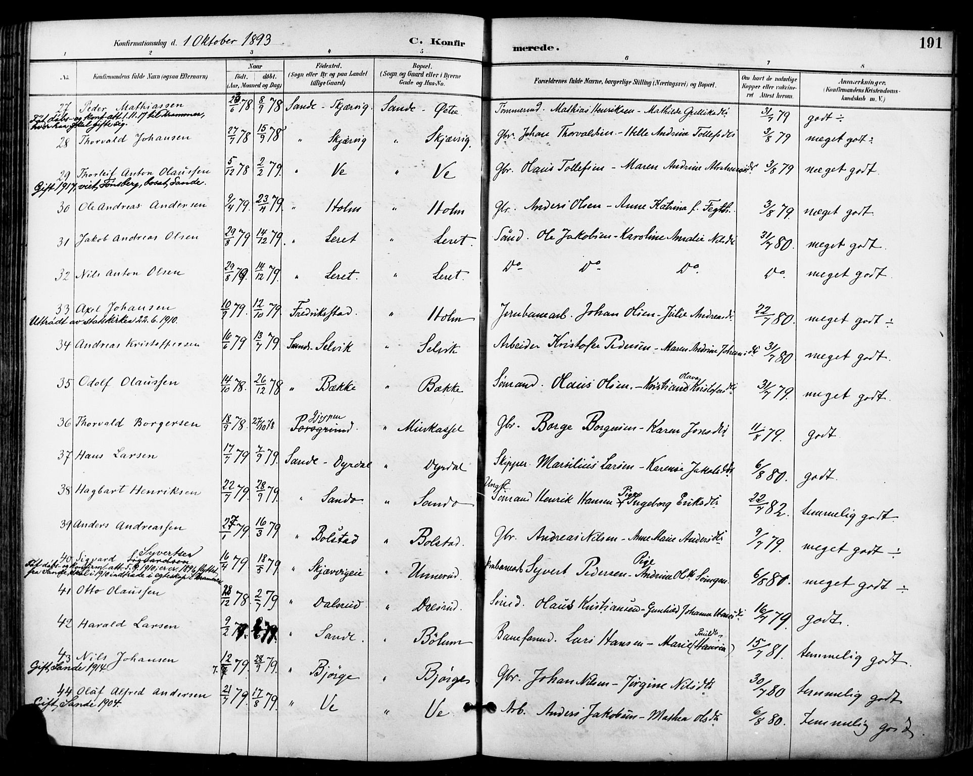 Sande Kirkebøker, AV/SAKO-A-53/F/Fa/L0007: Ministerialbok nr. 7, 1888-1903, s. 191