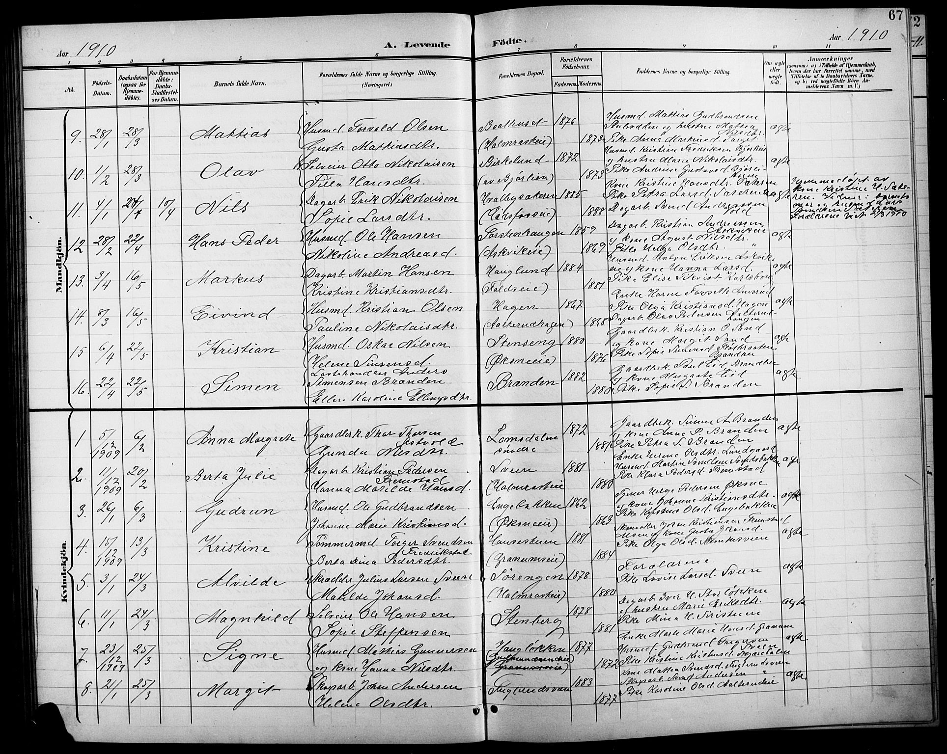 Søndre Land prestekontor, AV/SAH-PREST-122/L/L0004: Klokkerbok nr. 4, 1901-1915, s. 67