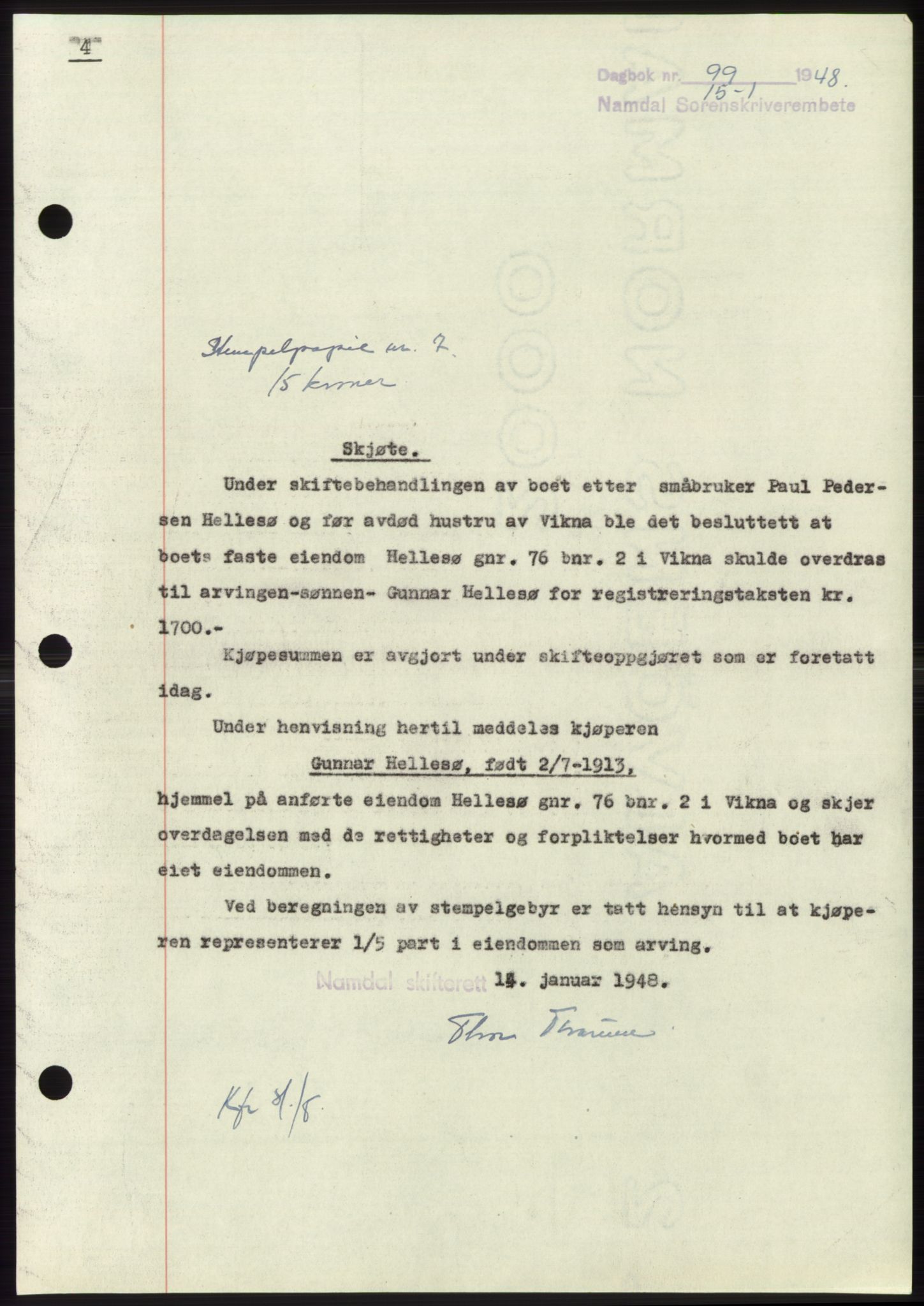 Namdal sorenskriveri, SAT/A-4133/1/2/2C: Pantebok nr. -, 1947-1948, Dagboknr: 99/1948