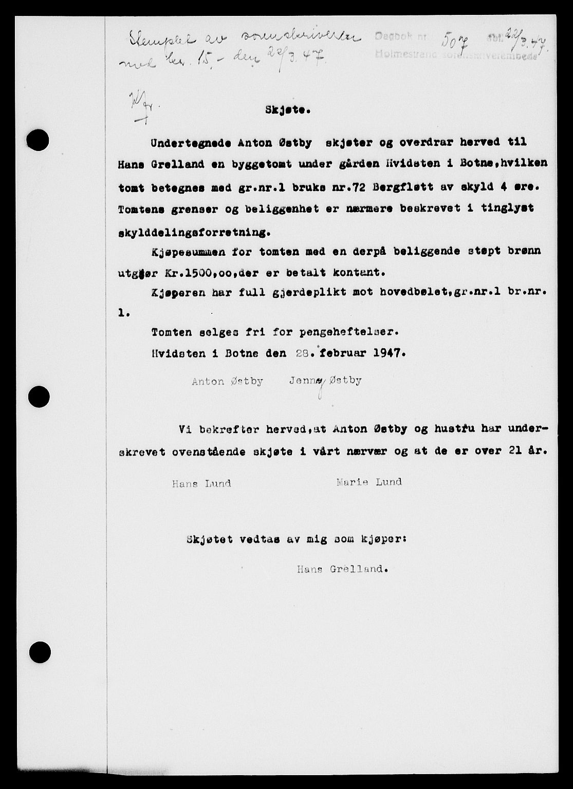 Holmestrand sorenskriveri, SAKO/A-67/G/Ga/Gaa/L0062: Pantebok nr. A-62, 1947-1947, Dagboknr: 507/1947