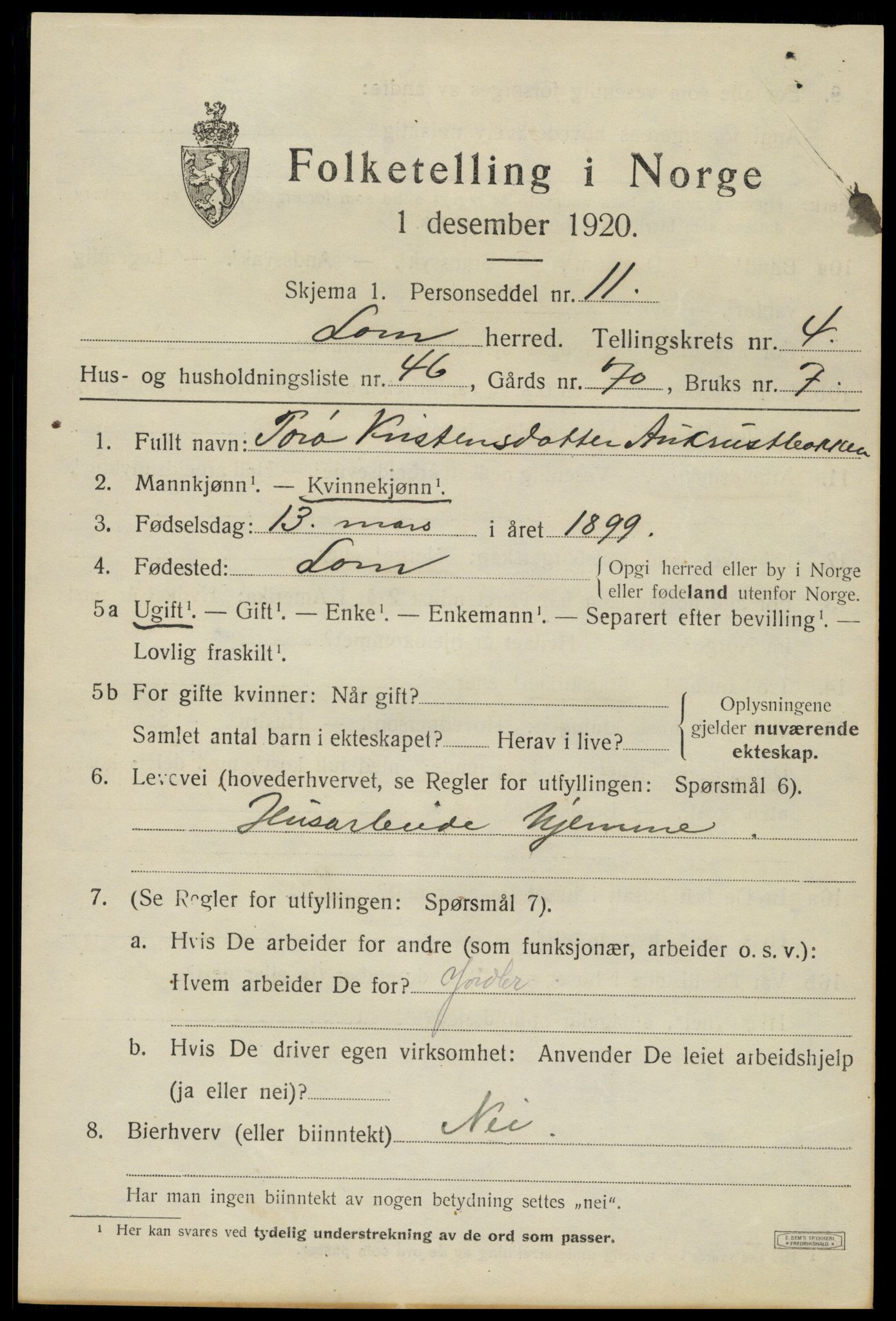 SAH, Folketelling 1920 for 0514 Lom herred, 1920, s. 3142