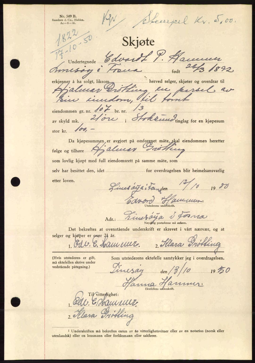 Fosen sorenskriveri, AV/SAT-A-1107/1/2/2C: Pantebok nr. A12, 1950-1950, Dagboknr: 1822/1950