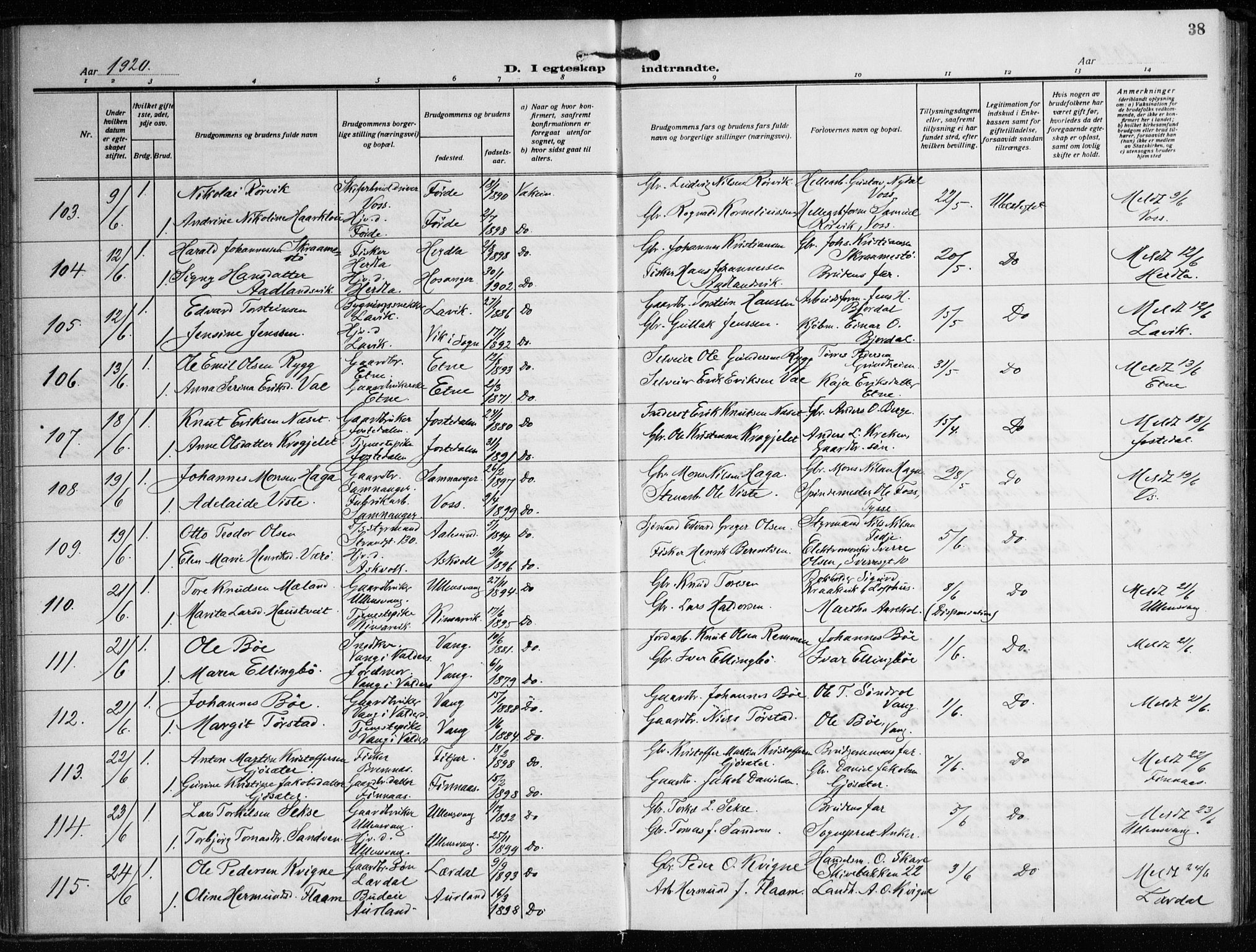 Nykirken Sokneprestembete, AV/SAB-A-77101/H/Haa/L0037: Ministerialbok nr. D 7, 1918-1926, s. 38