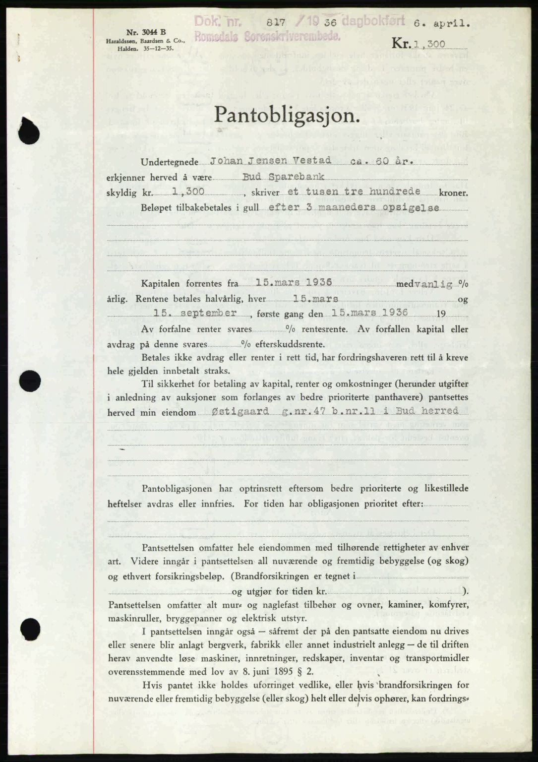 Romsdal sorenskriveri, SAT/A-4149/1/2/2C: Pantebok nr. B1, 1936-1939, Dagboknr: 817/1936