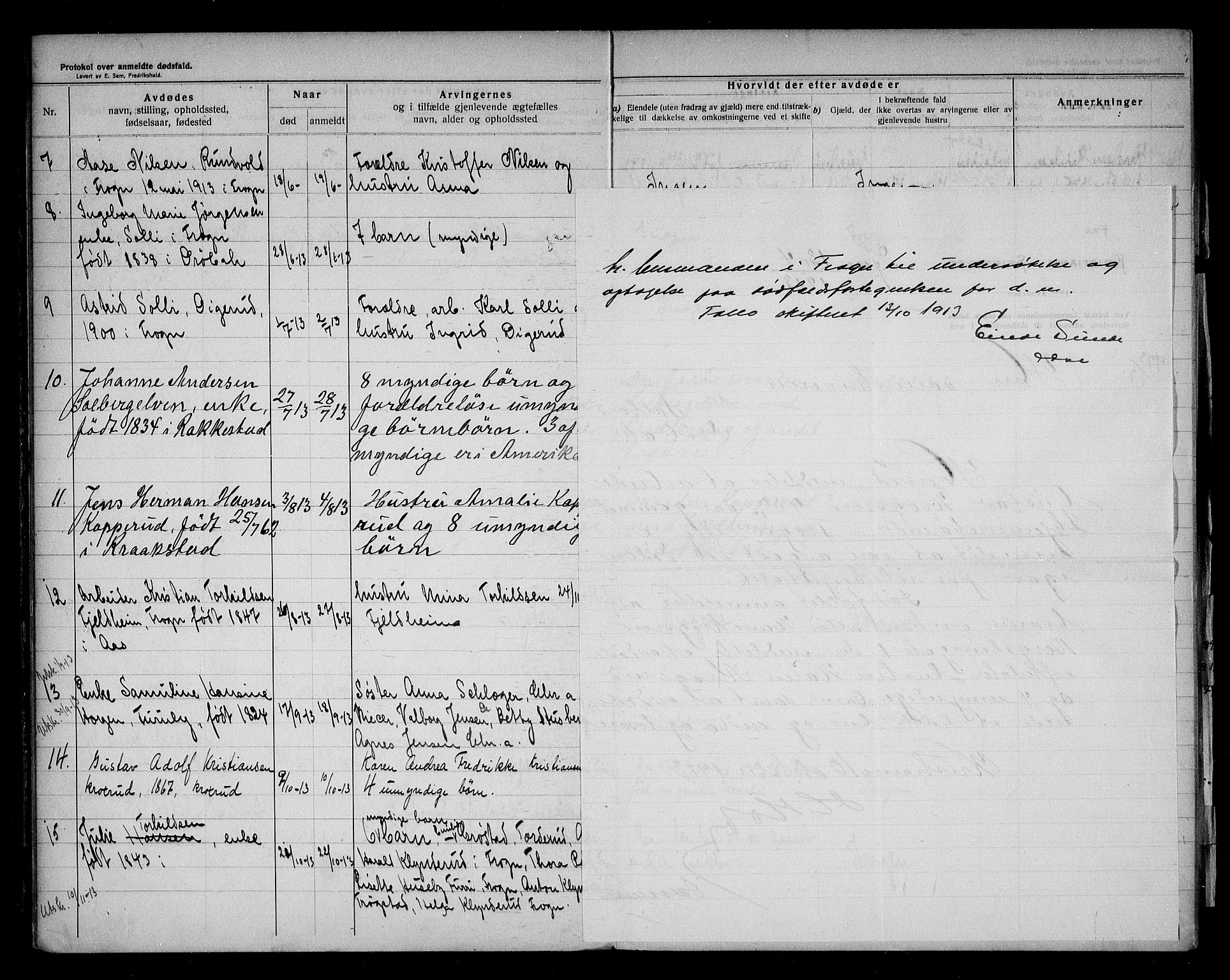 Frogn lensmannskontor, AV/SAO-A-10290/H/Ha/L0001: Dødsanmeldelsesprotokoll, 1912-1933