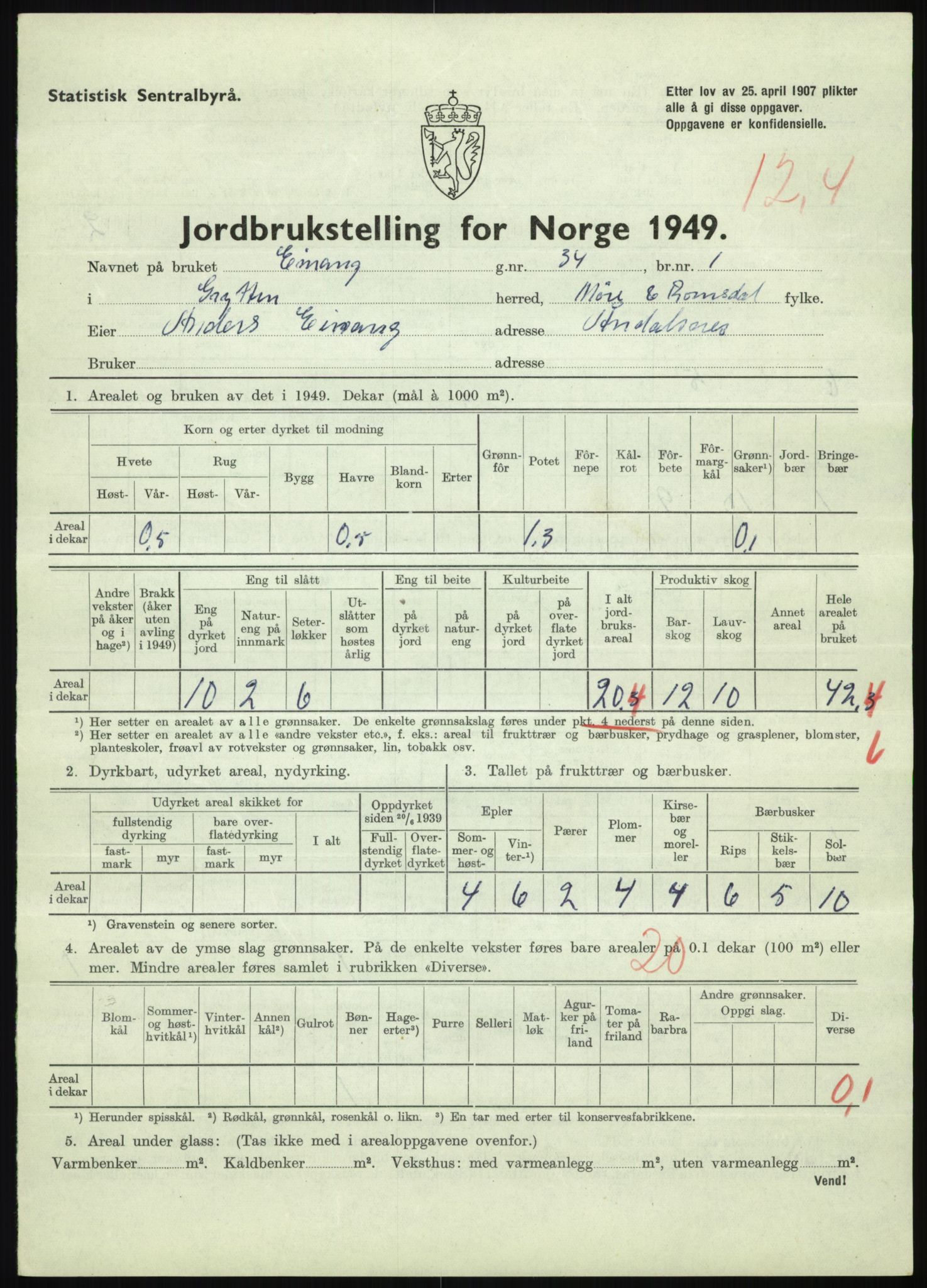 Statistisk sentralbyrå, Næringsøkonomiske emner, Jordbruk, skogbruk, jakt, fiske og fangst, AV/RA-S-2234/G/Gc/L0323: Møre og Romsdal: Grytten og Hen, 1949, s. 161