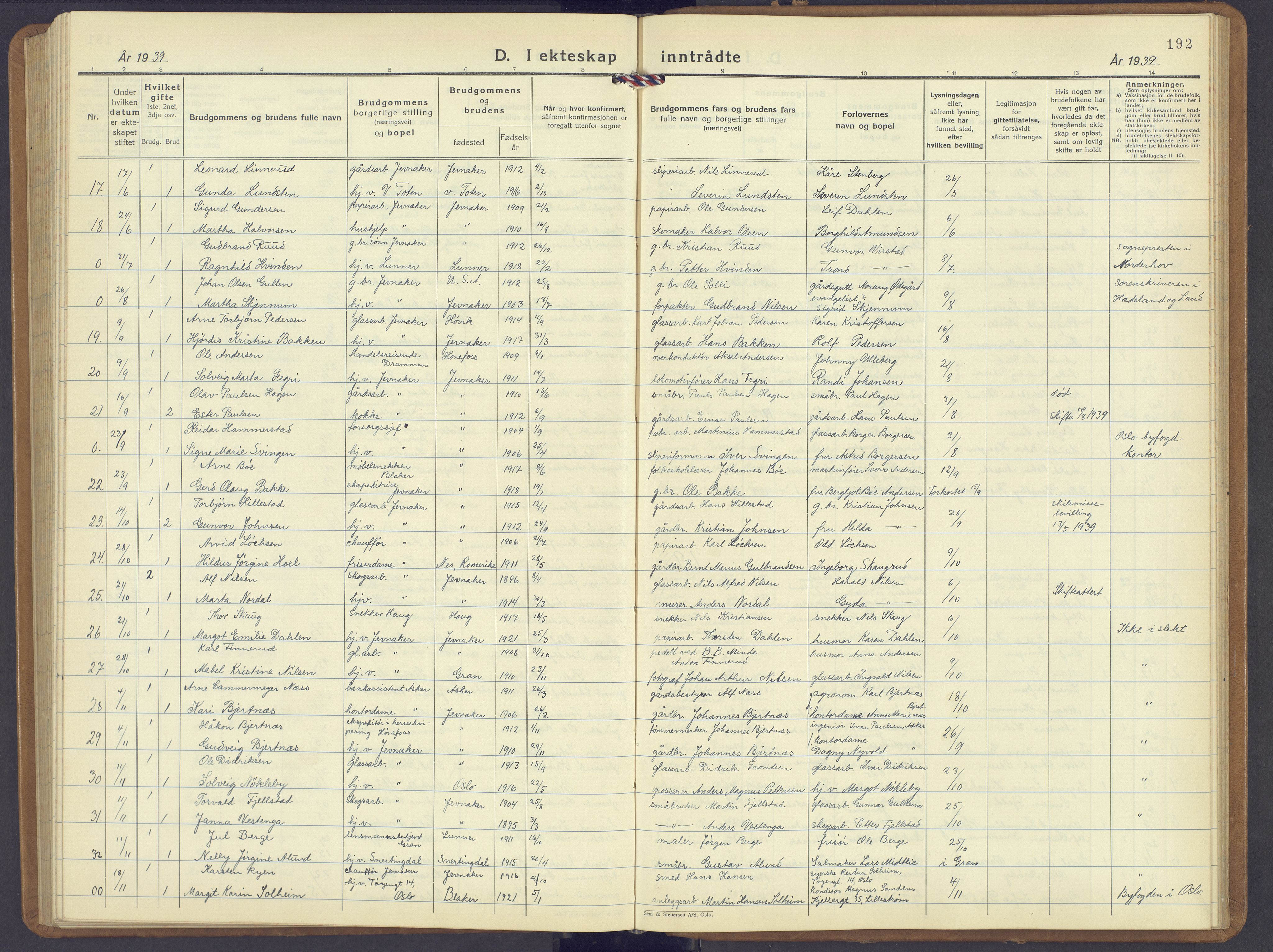 Jevnaker prestekontor, AV/SAH-PREST-116/H/Ha/Hab/L0006: Klokkerbok nr. 6, 1930-1945, s. 192