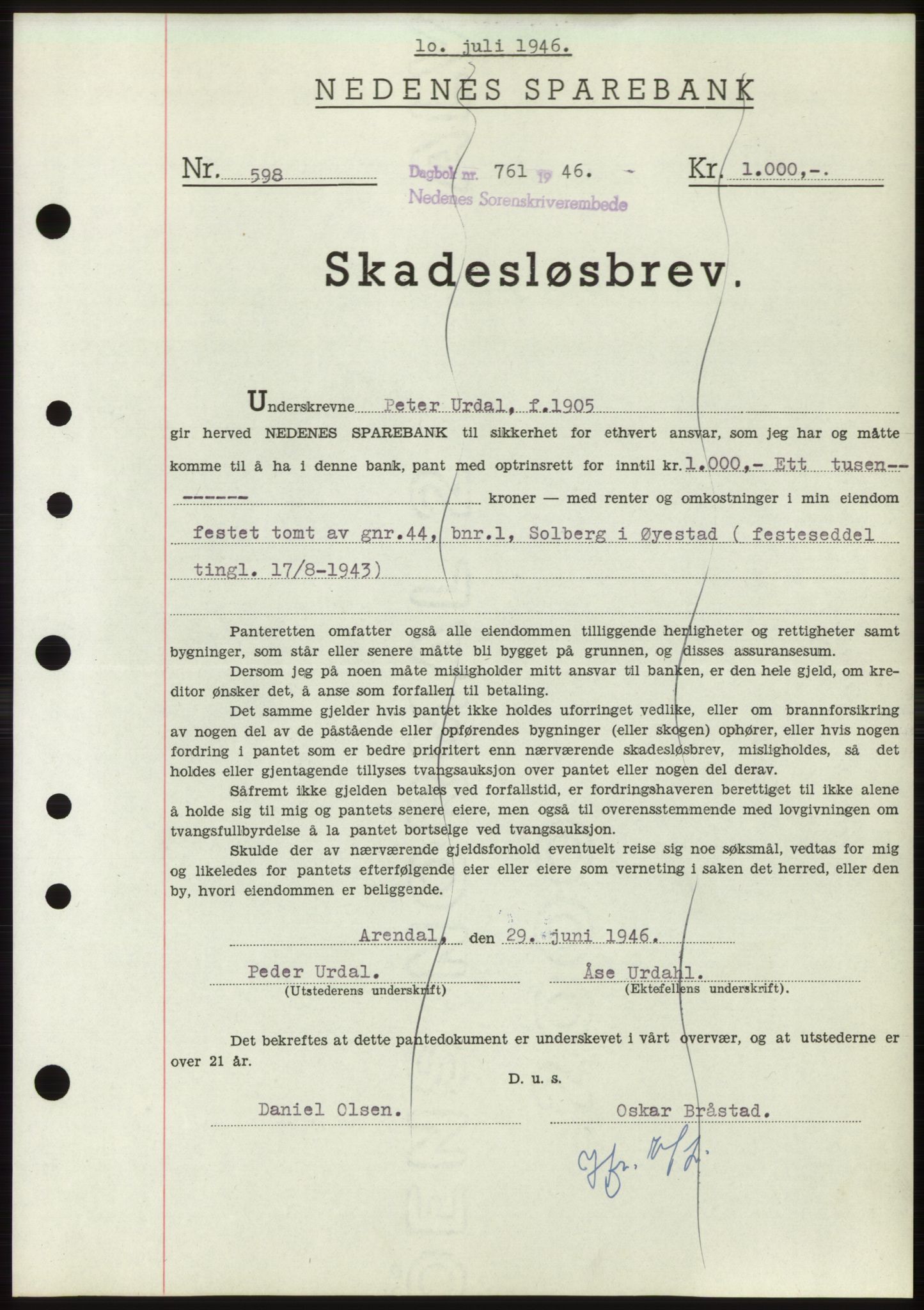 Nedenes sorenskriveri, SAK/1221-0006/G/Gb/Gbb/L0003: Pantebok nr. B3b, 1946-1946, Dagboknr: 761/1946