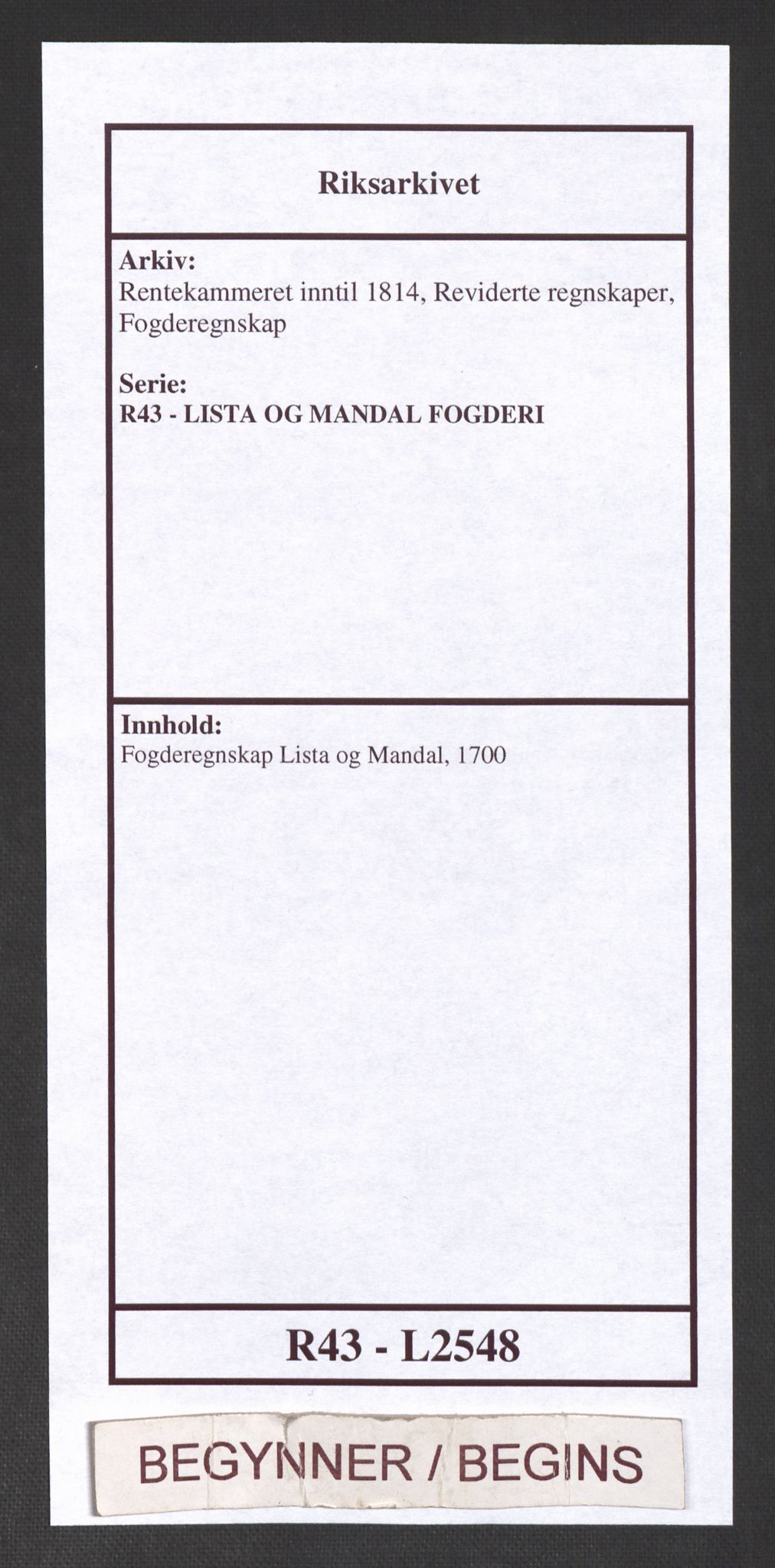 Rentekammeret inntil 1814, Reviderte regnskaper, Fogderegnskap, RA/EA-4092/R43/L2548: Fogderegnskap Lista og Mandal, 1700, s. 1