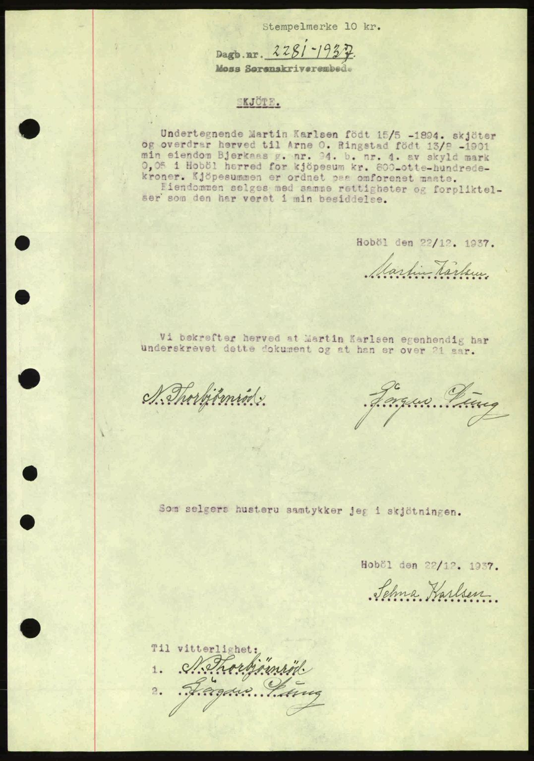 Moss sorenskriveri, SAO/A-10168: Pantebok nr. A3, 1937-1938, Dagboknr: 2281/1937