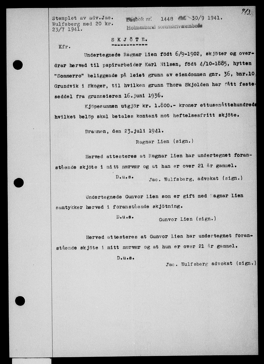 Holmestrand sorenskriveri, SAKO/A-67/G/Ga/Gaa/L0053: Pantebok nr. A-53, 1941-1941, Dagboknr: 1448/1941