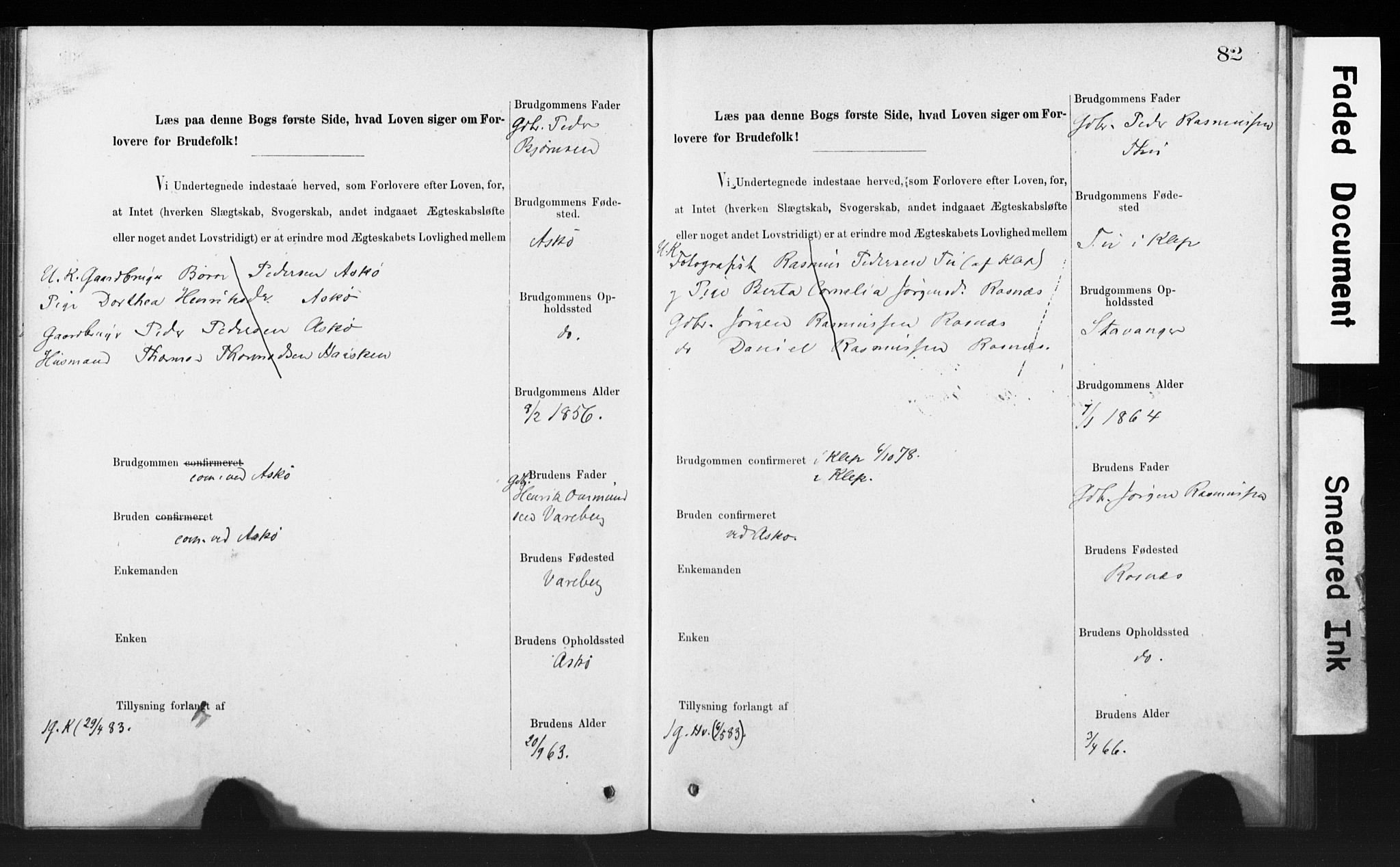 Rennesøy sokneprestkontor, AV/SAST-A -101827/I/Ie/L0001: Lysningsprotokoll nr. 1, 1873-1898, s. 82