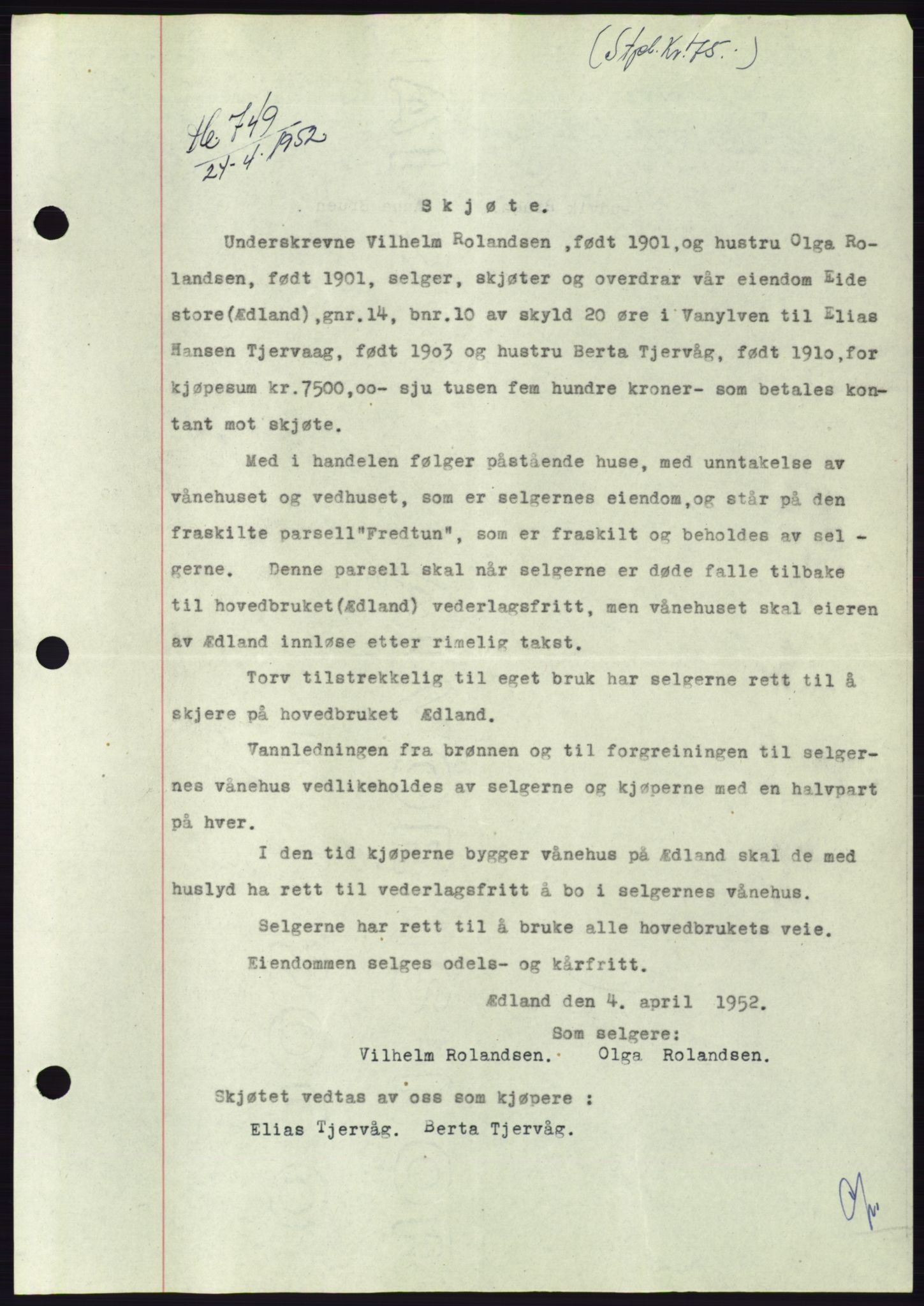 Søre Sunnmøre sorenskriveri, AV/SAT-A-4122/1/2/2C/L0092: Pantebok nr. 18A, 1952-1952, Dagboknr: 749/1952