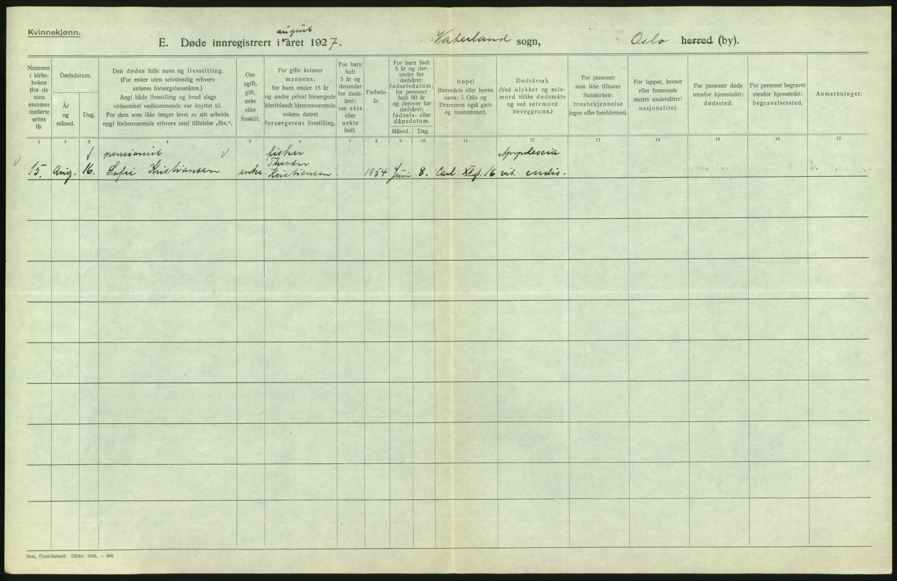 Statistisk sentralbyrå, Sosiodemografiske emner, Befolkning, AV/RA-S-2228/D/Df/Dfc/Dfcg/L0010: Oslo: Døde kvinner, dødfødte, 1927, s. 596