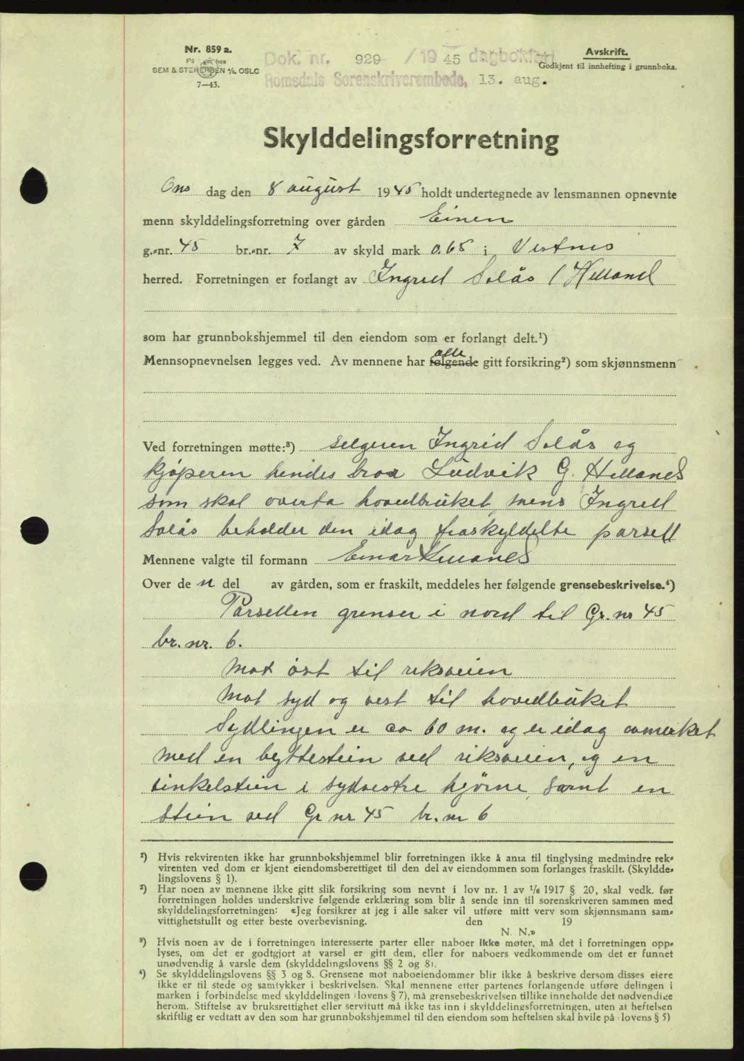 Romsdal sorenskriveri, SAT/A-4149/1/2/2C: Pantebok nr. A18, 1945-1945, Dagboknr: 929/1945