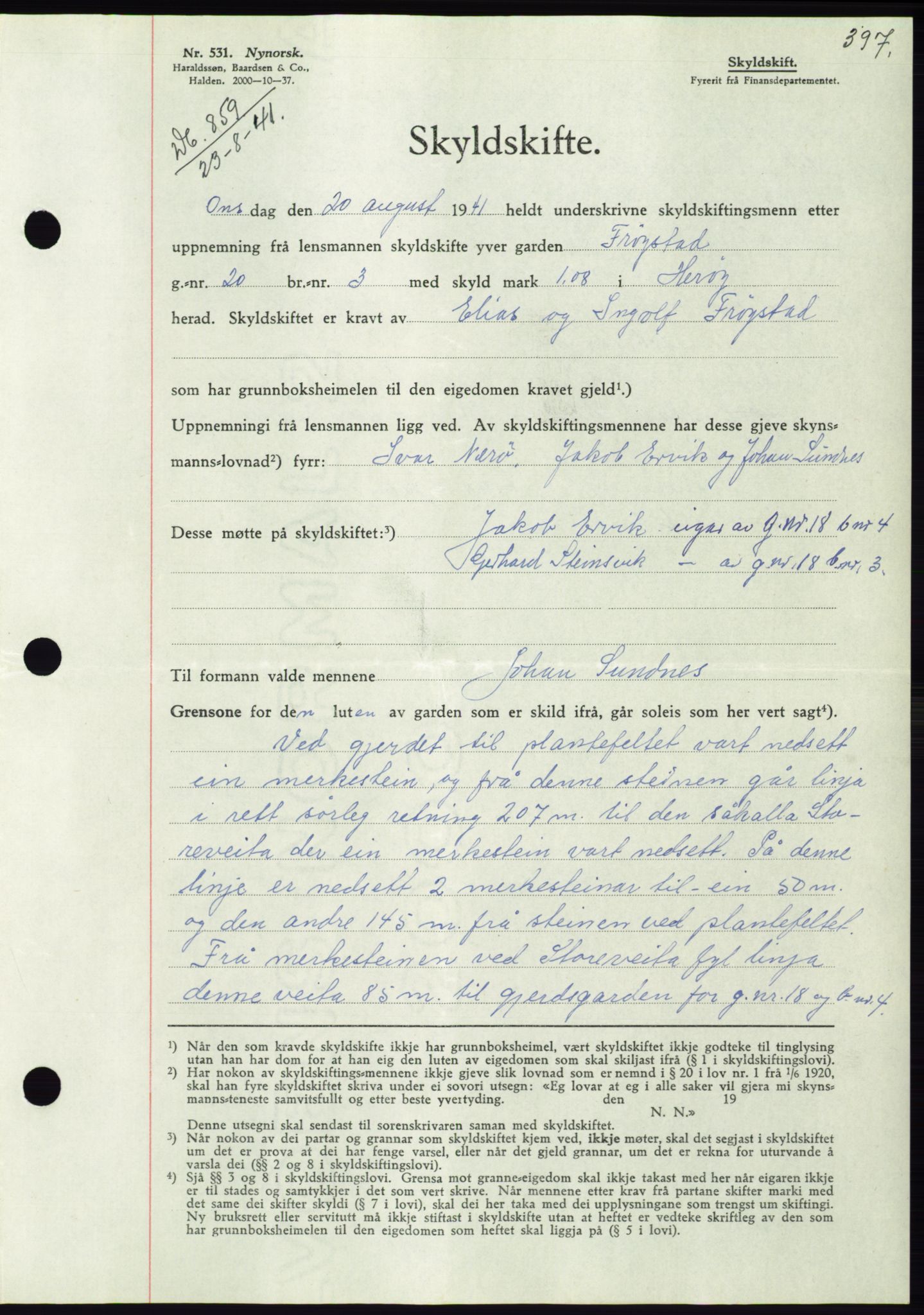 Søre Sunnmøre sorenskriveri, AV/SAT-A-4122/1/2/2C/L0071: Pantebok nr. 65, 1941-1941, Dagboknr: 859/1941