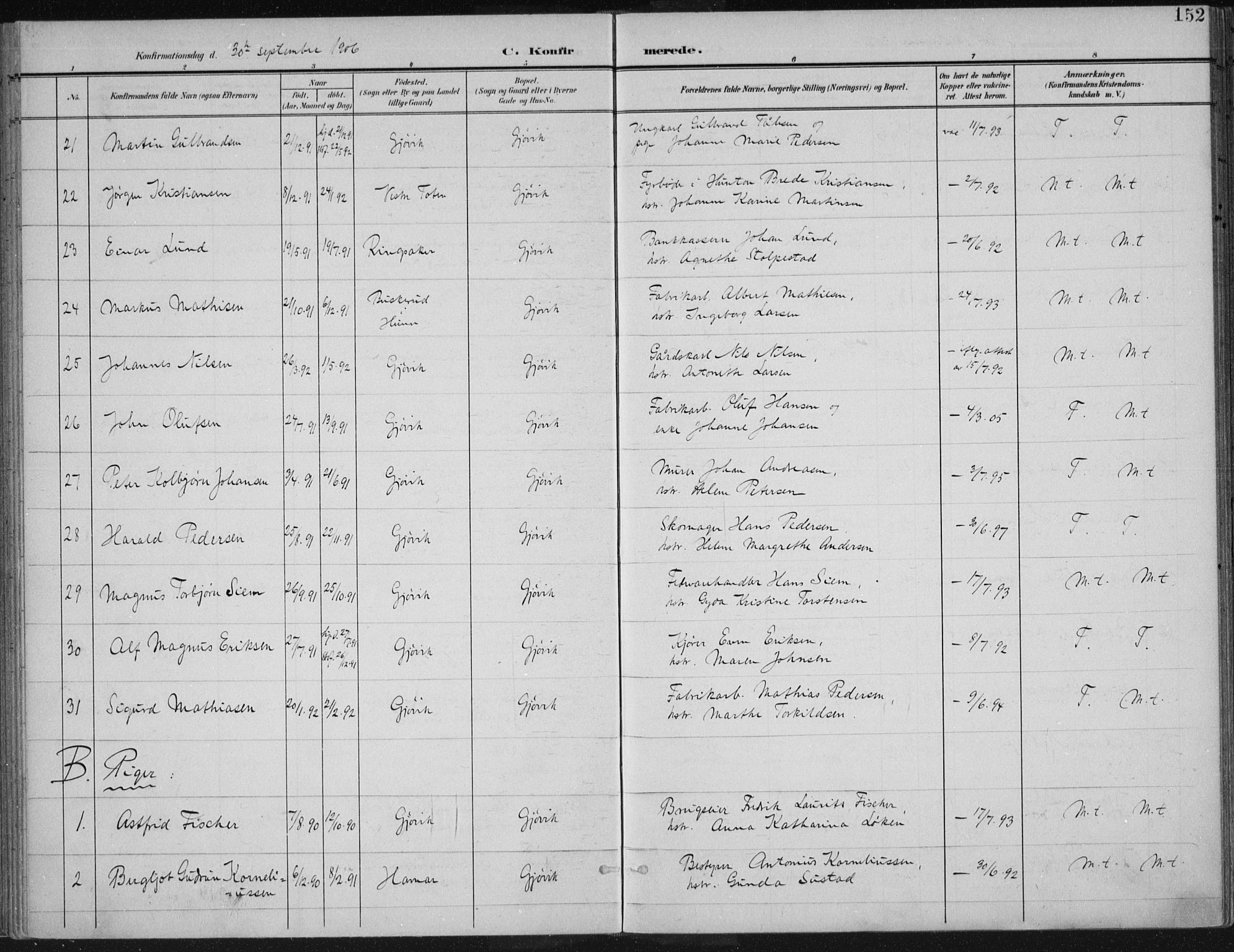 Vardal prestekontor, AV/SAH-PREST-100/H/Ha/Haa/L0013: Ministerialbok nr. 13, 1901-1911, s. 152