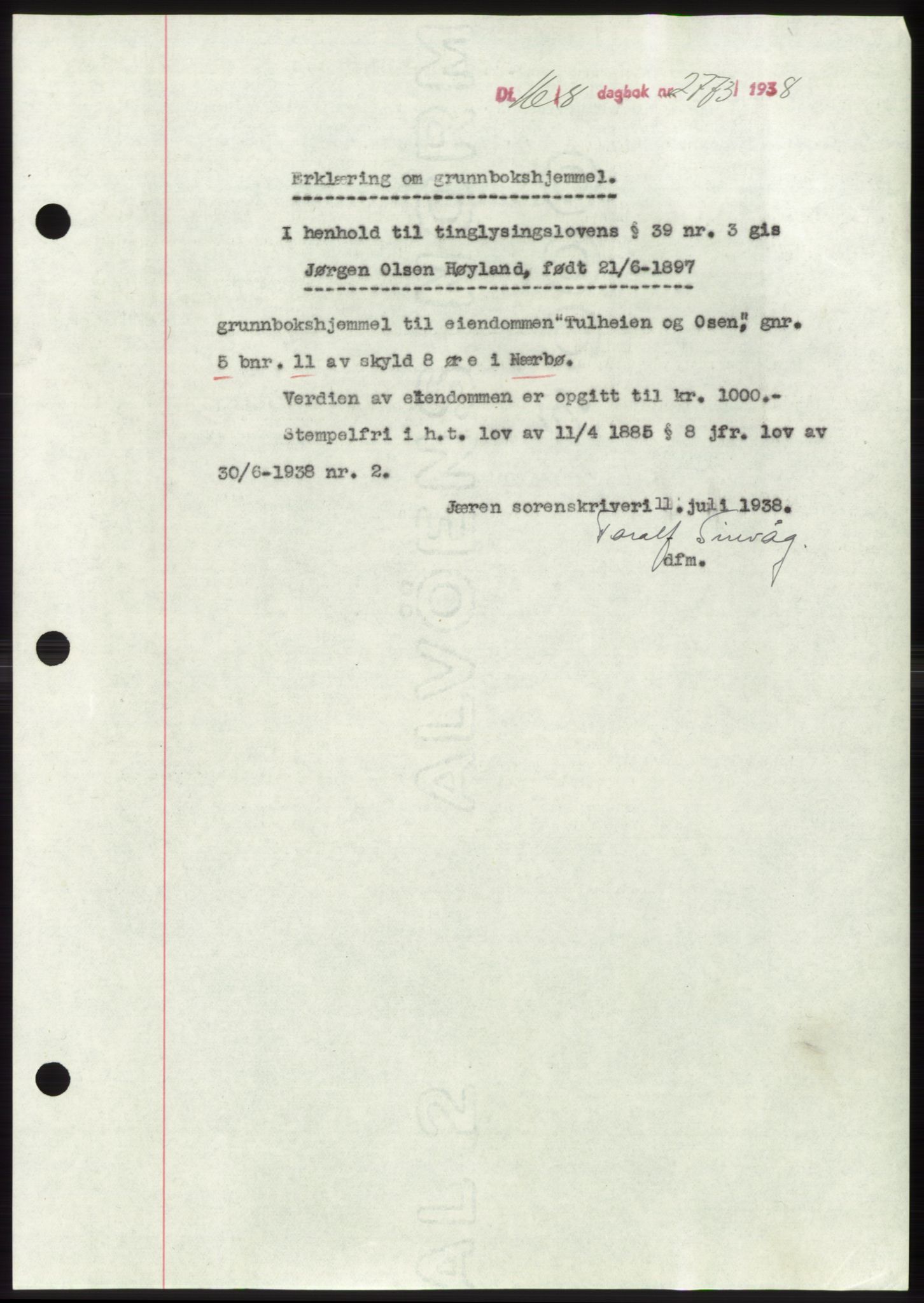 Jæren sorenskriveri, SAST/A-100310/03/G/Gba/L0071: Pantebok, 1938-1938, Dagboknr: 2773/1938