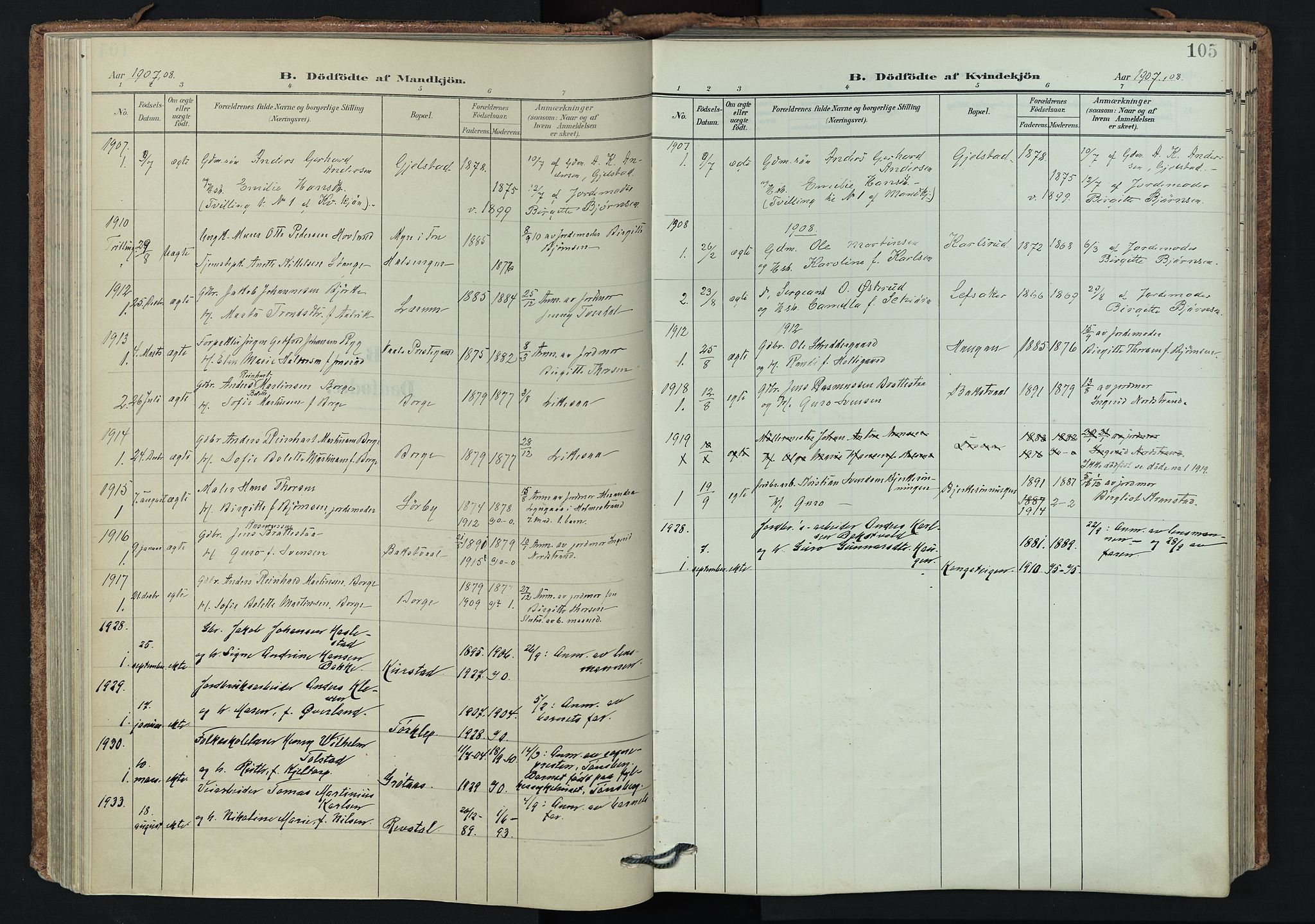 Våle kirkebøker, AV/SAKO-A-334/F/Fa/L0012: Ministerialbok nr. I 12, 1907-1934, s. 105