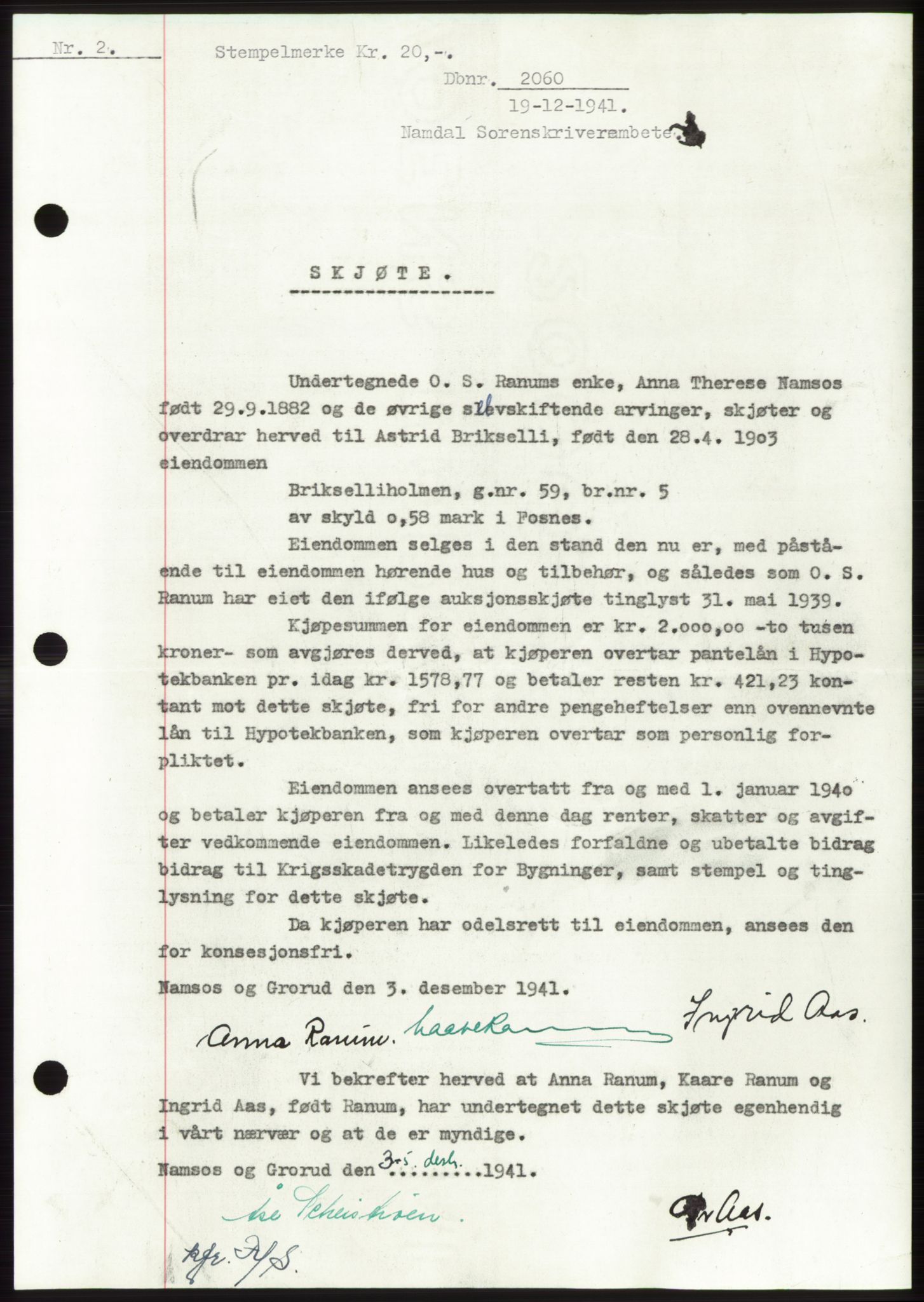 Namdal sorenskriveri, SAT/A-4133/1/2/2C: Pantebok nr. -, 1941-1942, Dagboknr: 2060/1941