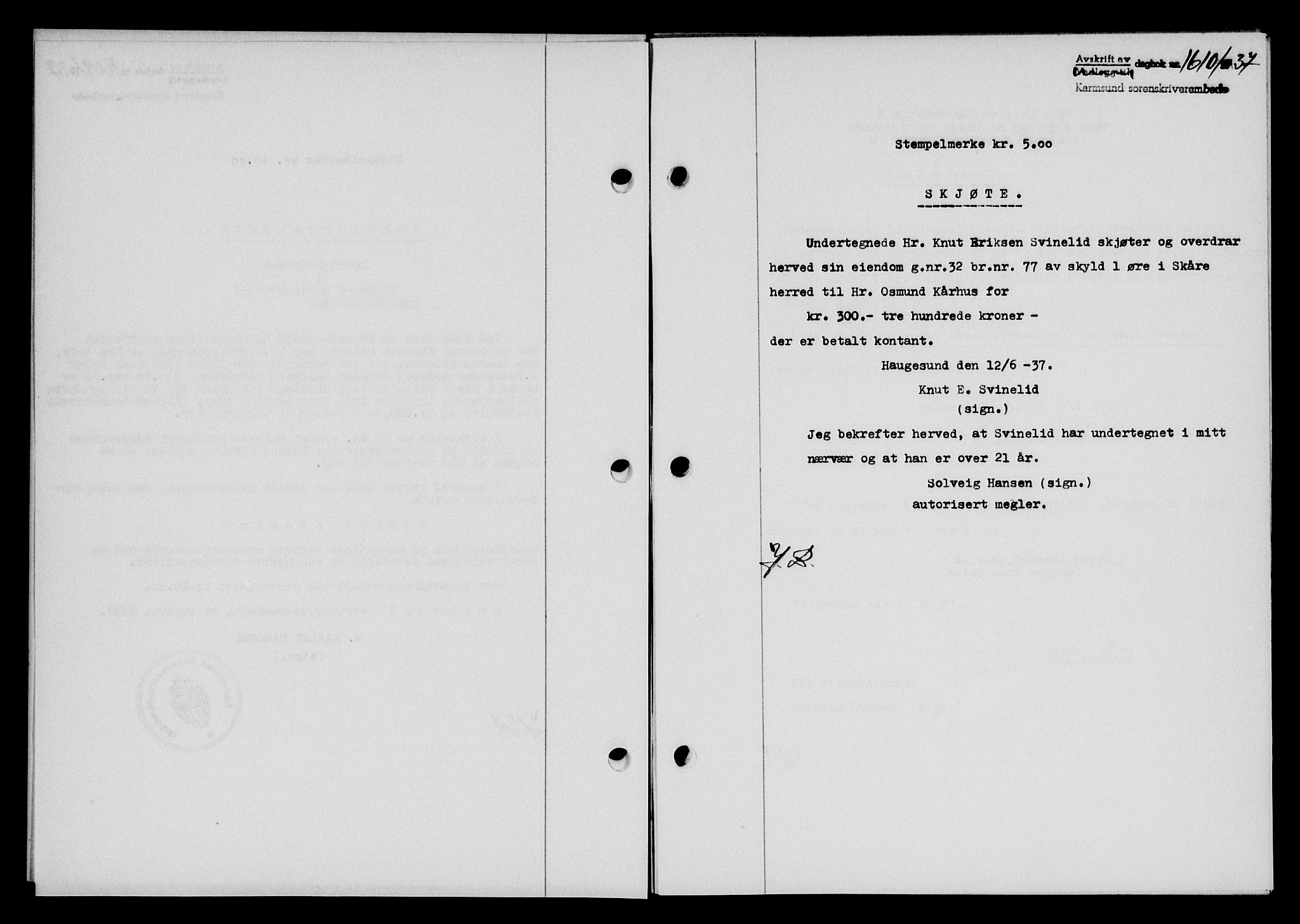 Karmsund sorenskriveri, SAST/A-100311/01/II/IIB/L0068: Pantebok nr. 49A, 1937-1937, Dagboknr: 1610/1937