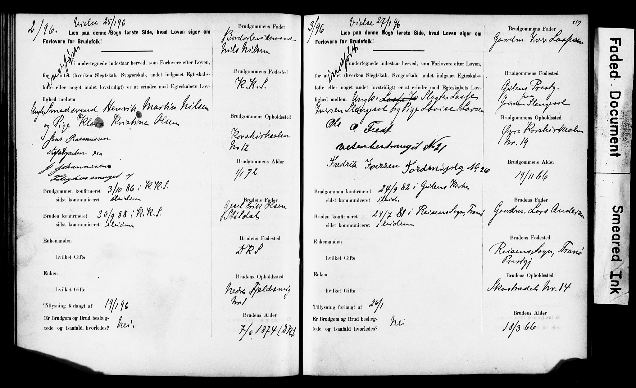 Korskirken sokneprestembete, SAB/A-76101: Forlovererklæringer nr. II.5.6, 1889-1898, s. 259