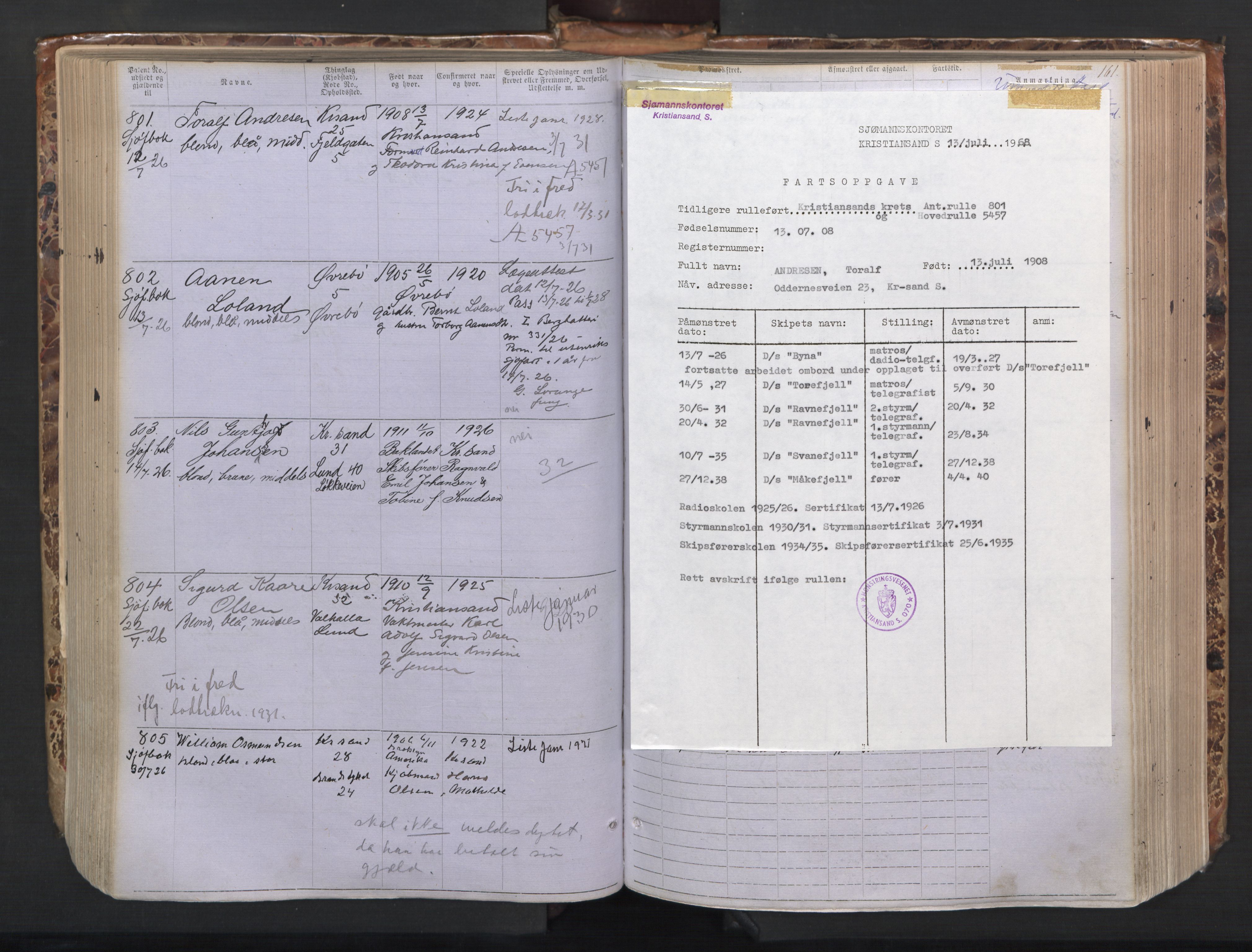 Kristiansand mønstringskrets, AV/SAK-2031-0015/F/Fa/L0008: Annotasjonsrulle nr 1-1330 med register, I-6, 1915-1948, s. 187