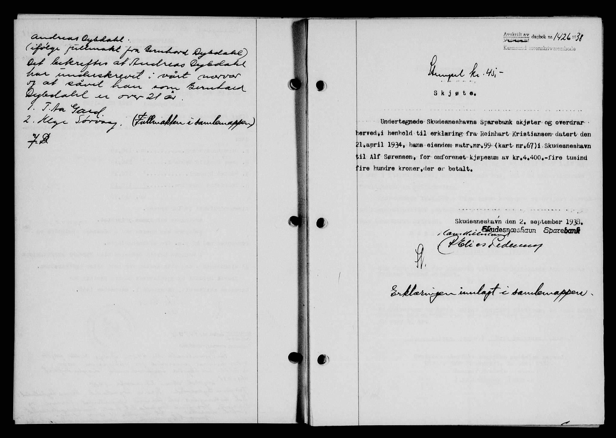 Karmsund sorenskriveri, SAST/A-100311/01/II/IIB/L0070: Pantebok nr. 51A, 1938-1939, Dagboknr: 1426/1938