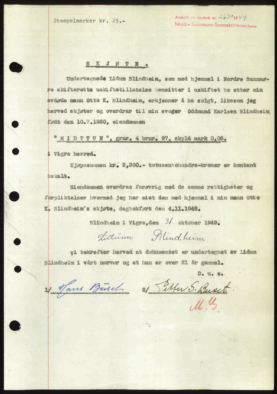 Nordre Sunnmøre sorenskriveri, SAT/A-0006/1/2/2C/2Ca: Pantebok nr. A33, 1949-1950, Dagboknr: 2670/1949
