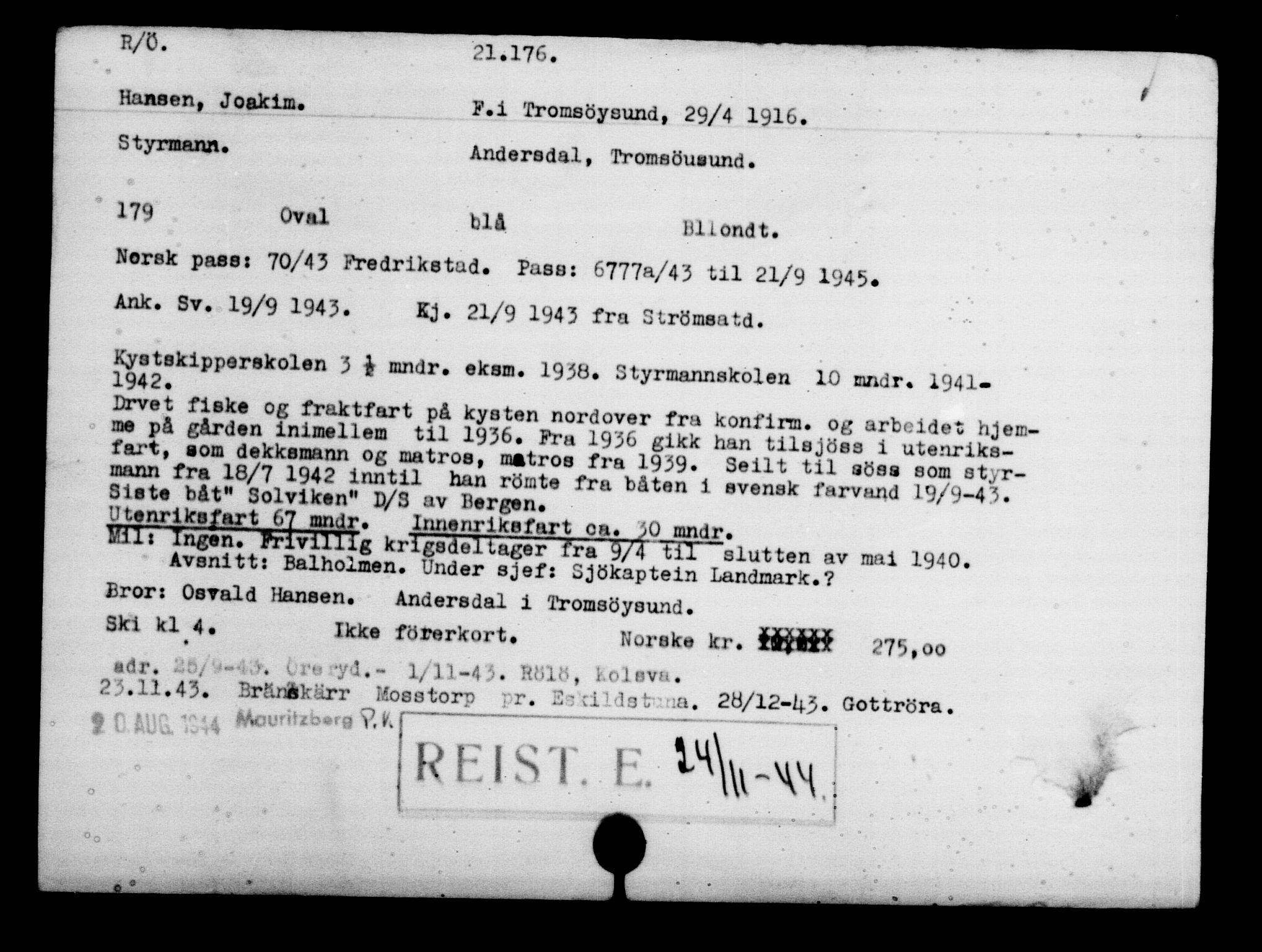 Utenriksstasjonene, Legasjonen i Stockholm, Flyktningkontoret, AV/RA-S-6753/V/Va/L0009: Kjesäterkartoteket, flyktninger med registreringsnr. 18502-22048, 1940-1945, s. 2173