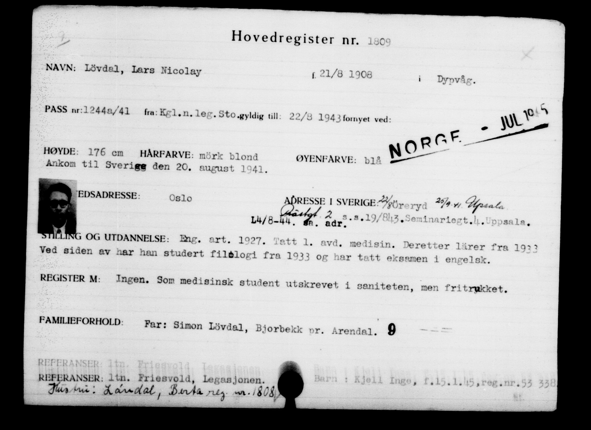 Utenriksstasjonene, Legasjonen i Stockholm, Flyktningkontoret, AV/RA-S-6753/V/Va/L0002: Kjesäterkartoteket, flyktninger med registreringsnr. 1001-2000, 1940-1945, s. 1156