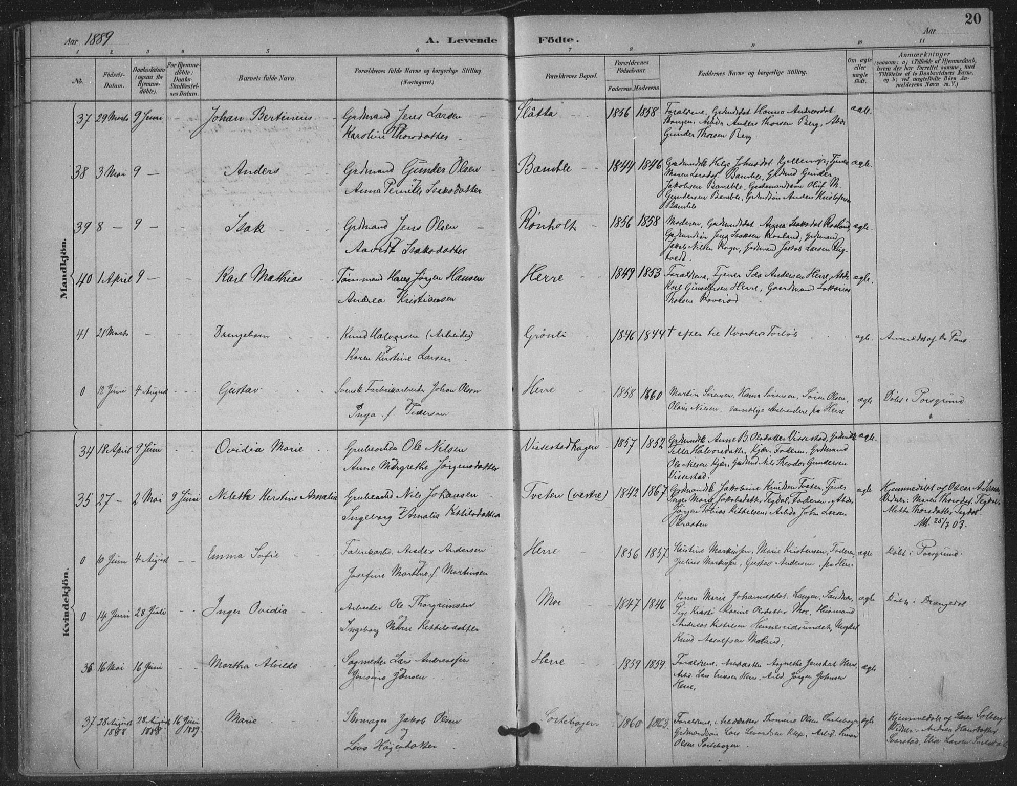 Bamble kirkebøker, AV/SAKO-A-253/F/Fa/L0008: Ministerialbok nr. I 8, 1888-1900, s. 20