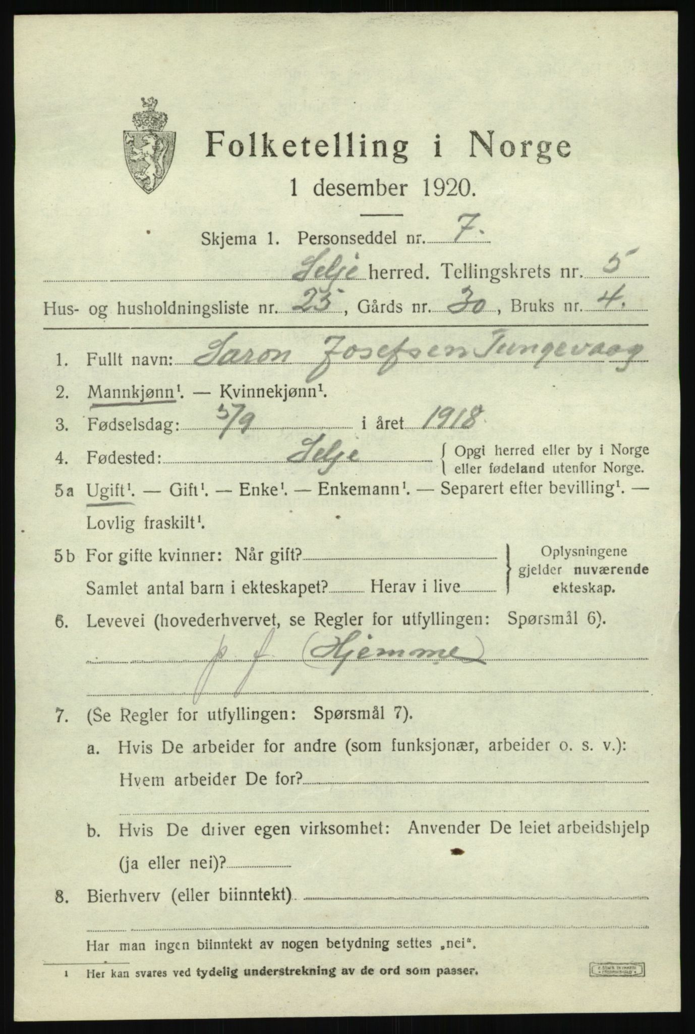 SAB, Folketelling 1920 for 1441 Selje herred, 1920, s. 3357