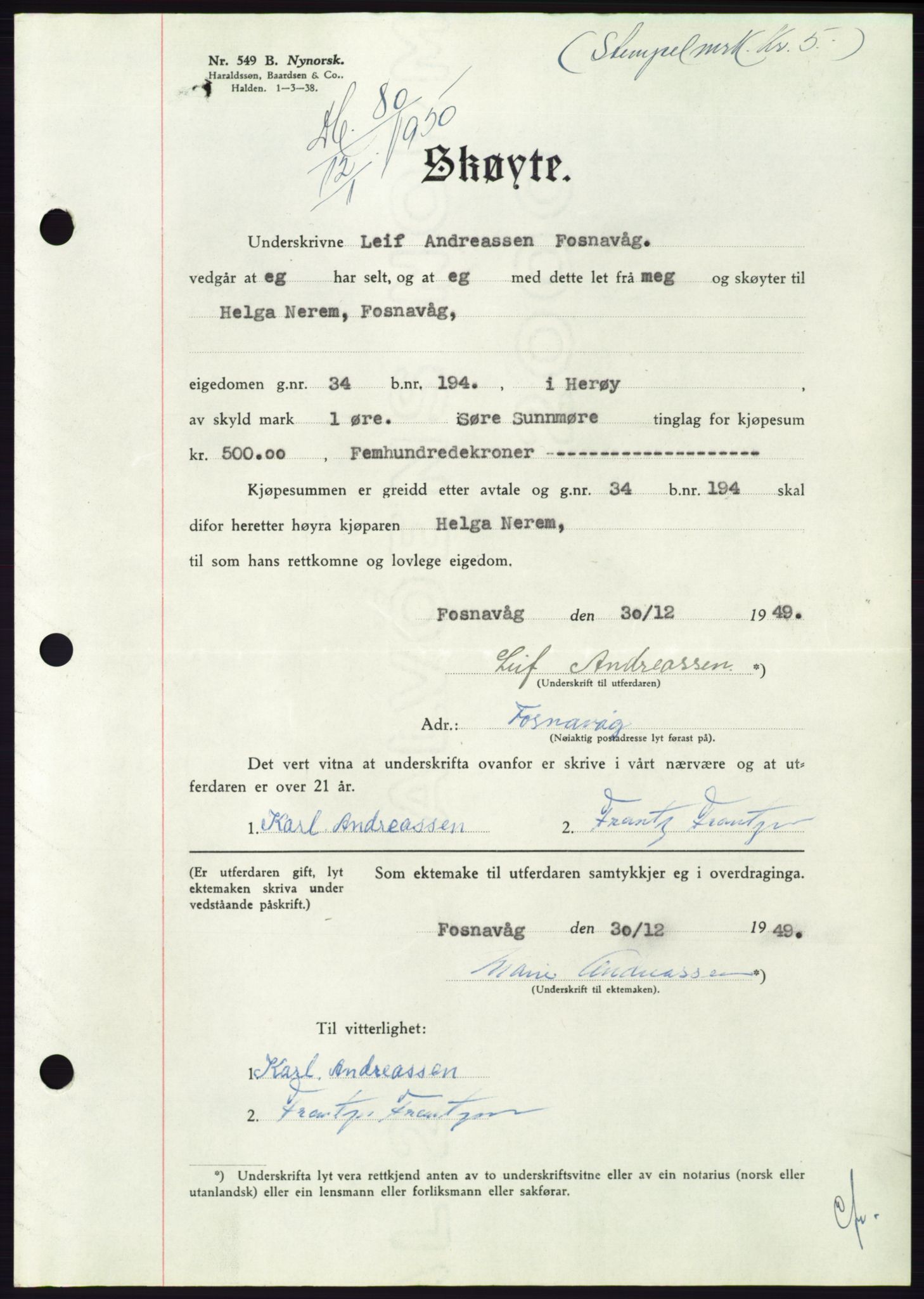 Søre Sunnmøre sorenskriveri, SAT/A-4122/1/2/2C/L0086: Pantebok nr. 12A, 1949-1950, Dagboknr: 80/1950