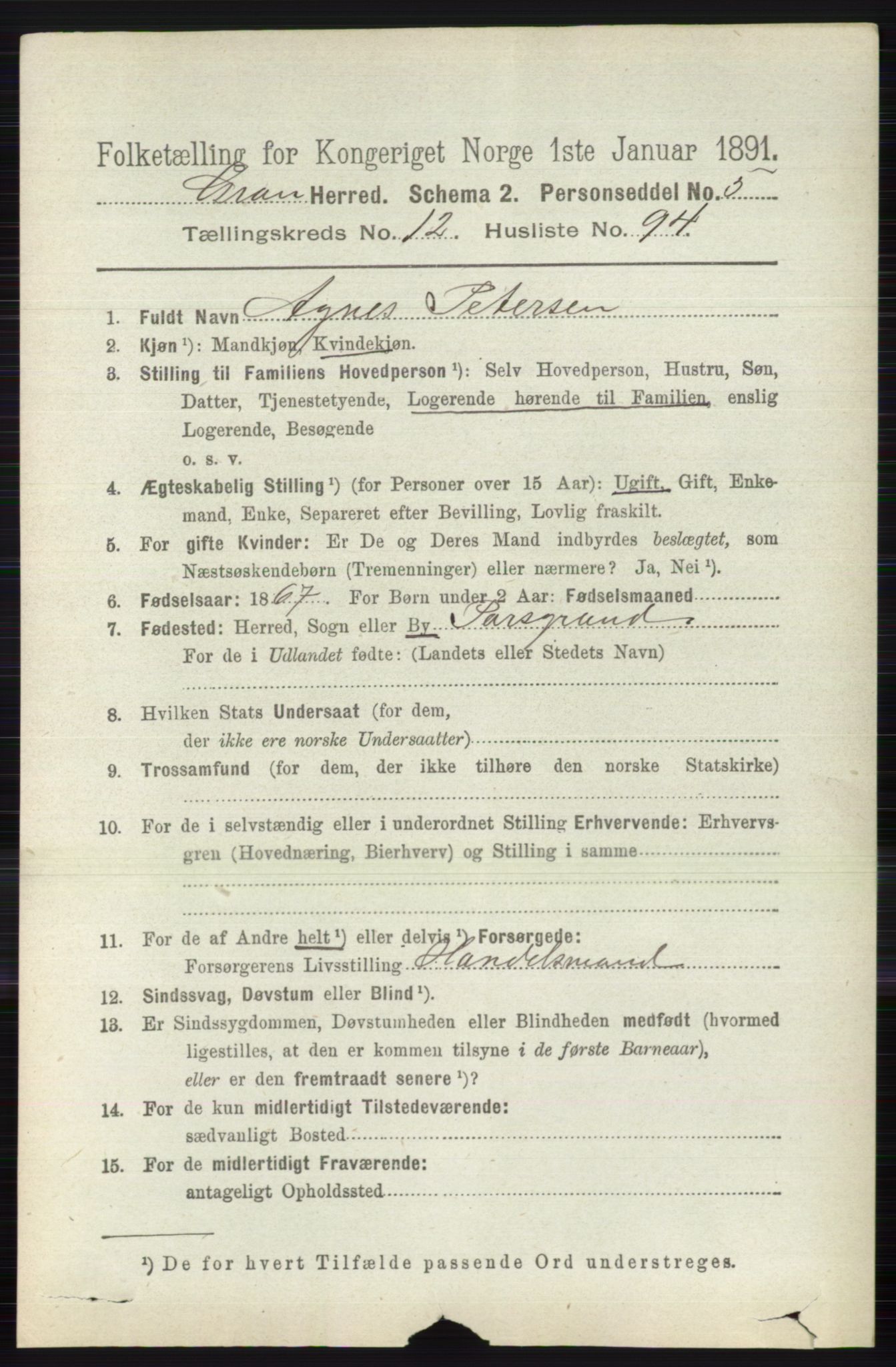 RA, Folketelling 1891 for 0534 Gran herred, 1891, s. 6767