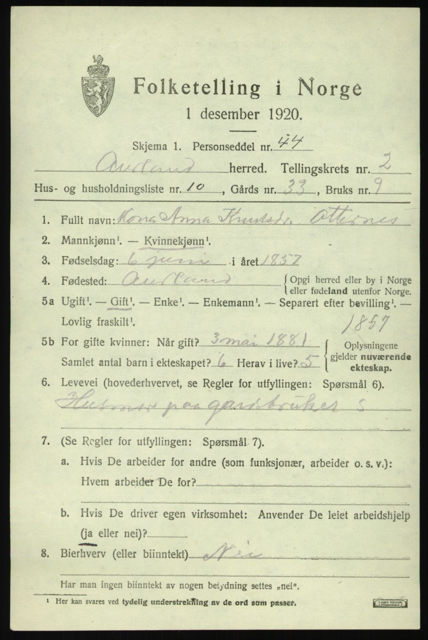 SAB, Folketelling 1920 for 1421 Aurland herred, 1920, s. 1916